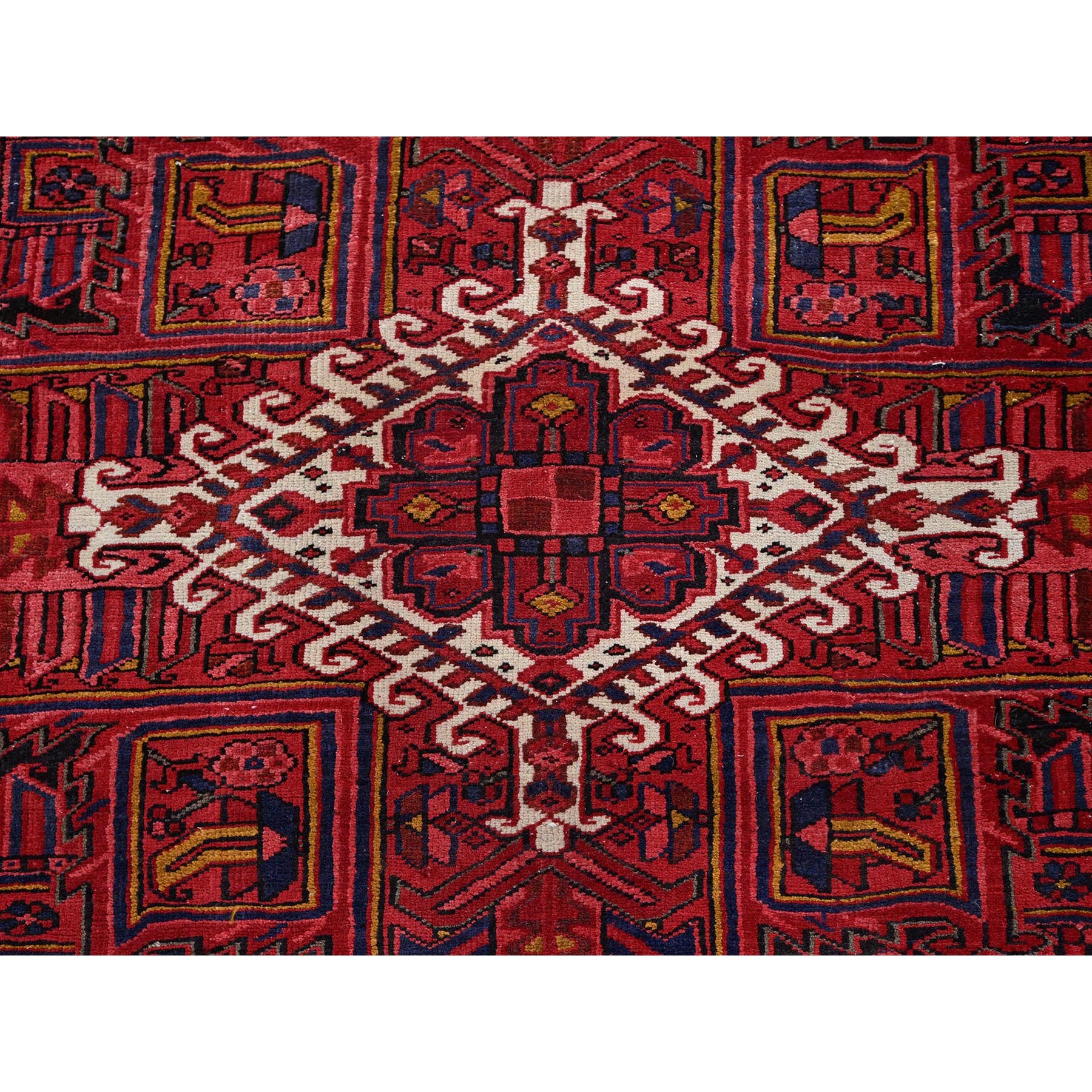 9'8"x12' Auburn Red, Vintage Persian Heriz with Geometric Medallion Design, Evenly Worn, 100% Wool, Hand Knotted, Cropped Thin, Good Condition, Sides and Ends Professionally Secured, Oriental Rug Sh266