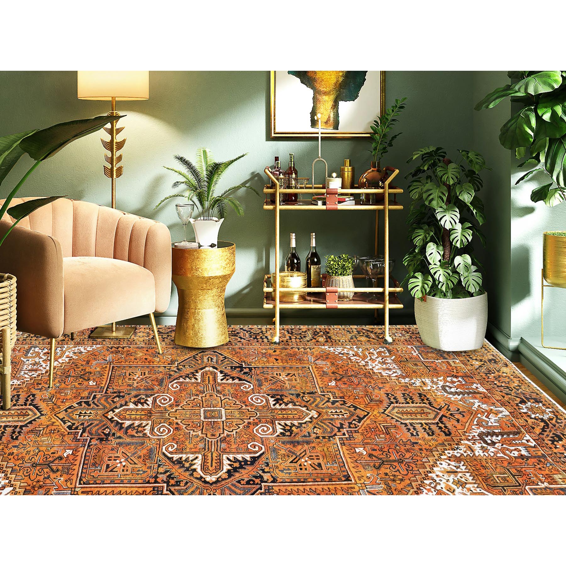 8'2"x10'9" Golden Orange, Vintage Persian Heriz with Geometric Medallion Design, 100% Wool, Hand Knotted, Even Wear, Sheared Low, Good Condition, Sides and Ends Professionally Secured, Oriental Rug Sh267