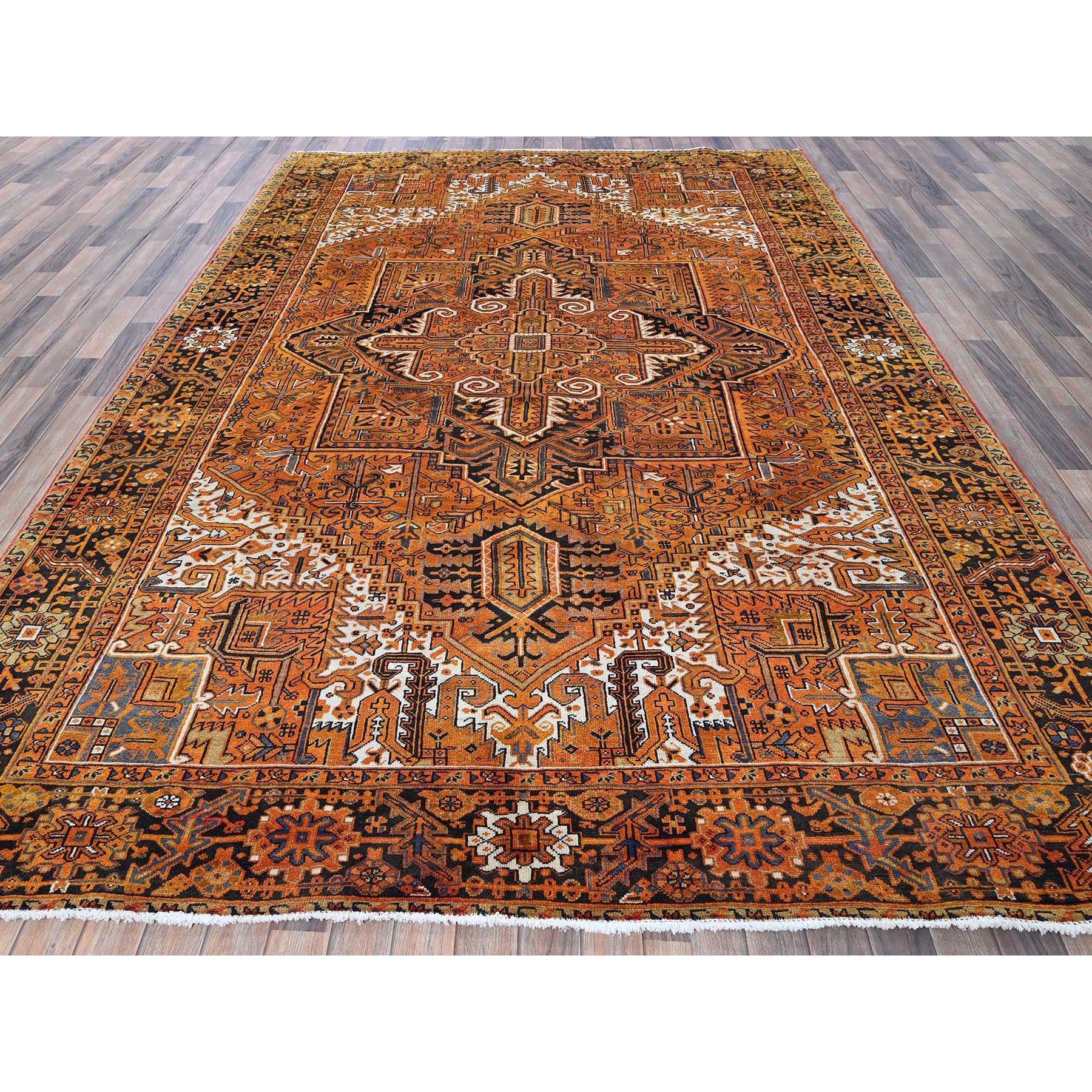8'2"x10'9" Golden Orange, Vintage Persian Heriz with Geometric Medallion Design, 100% Wool, Hand Knotted, Even Wear, Sheared Low, Good Condition, Sides and Ends Professionally Secured, Oriental Rug Sh267