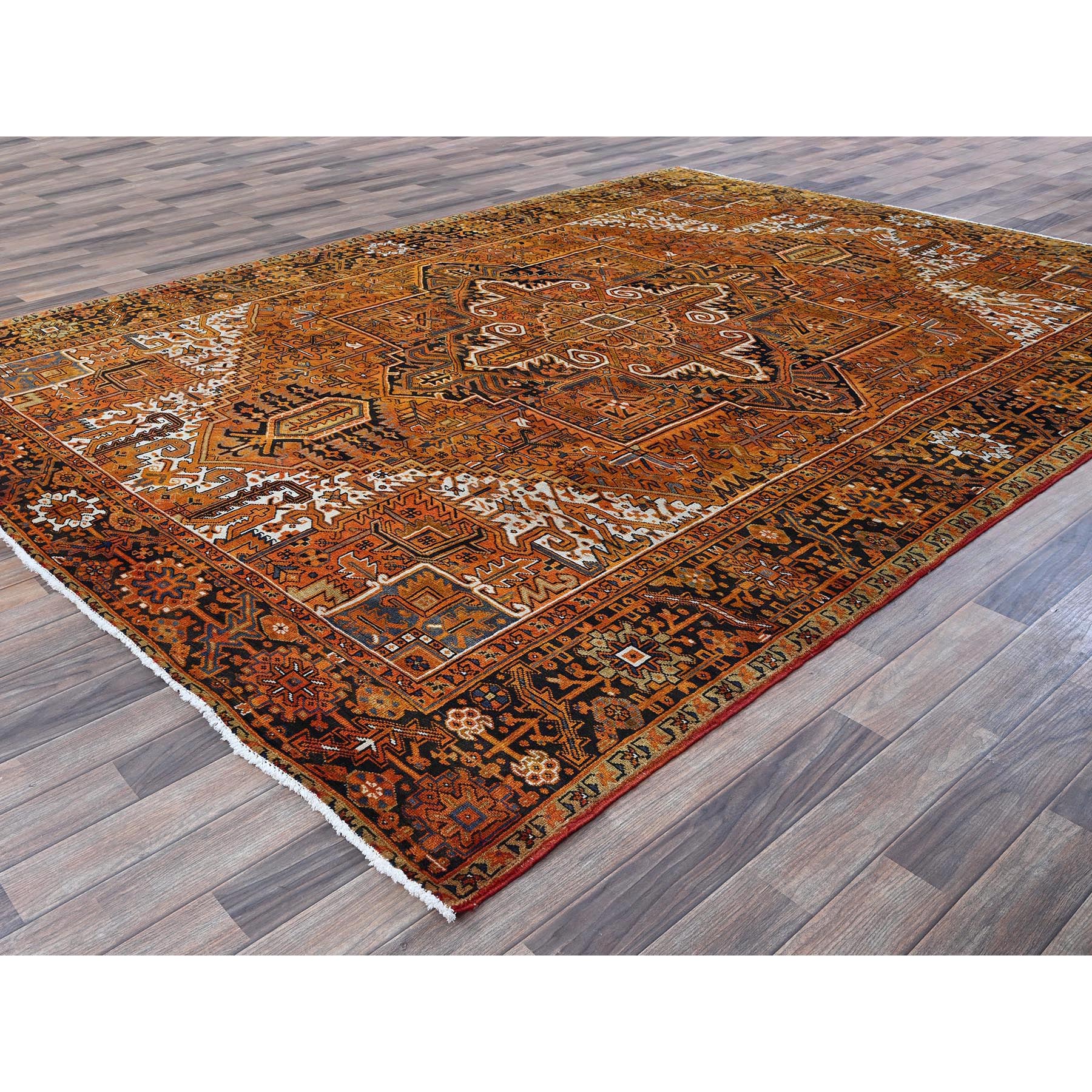 8'2"x10'9" Golden Orange, Vintage Persian Heriz with Geometric Medallion Design, 100% Wool, Hand Knotted, Even Wear, Sheared Low, Good Condition, Sides and Ends Professionally Secured, Oriental Rug Sh267