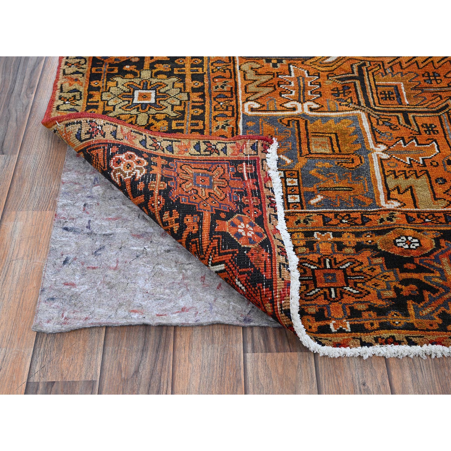 8'2"x10'9" Golden Orange, Vintage Persian Heriz with Geometric Medallion Design, 100% Wool, Hand Knotted, Even Wear, Sheared Low, Good Condition, Sides and Ends Professionally Secured, Oriental Rug Sh267