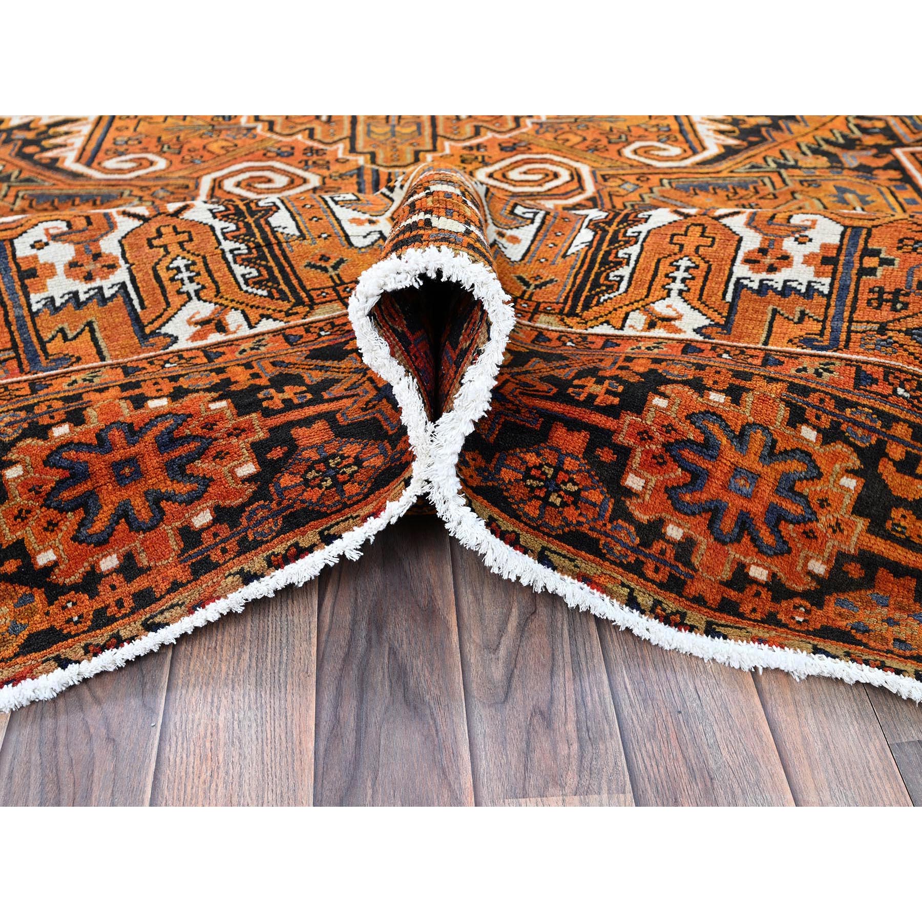 8'2"x10'9" Golden Orange, Vintage Persian Heriz with Geometric Medallion Design, 100% Wool, Hand Knotted, Even Wear, Sheared Low, Good Condition, Sides and Ends Professionally Secured, Oriental Rug Sh267