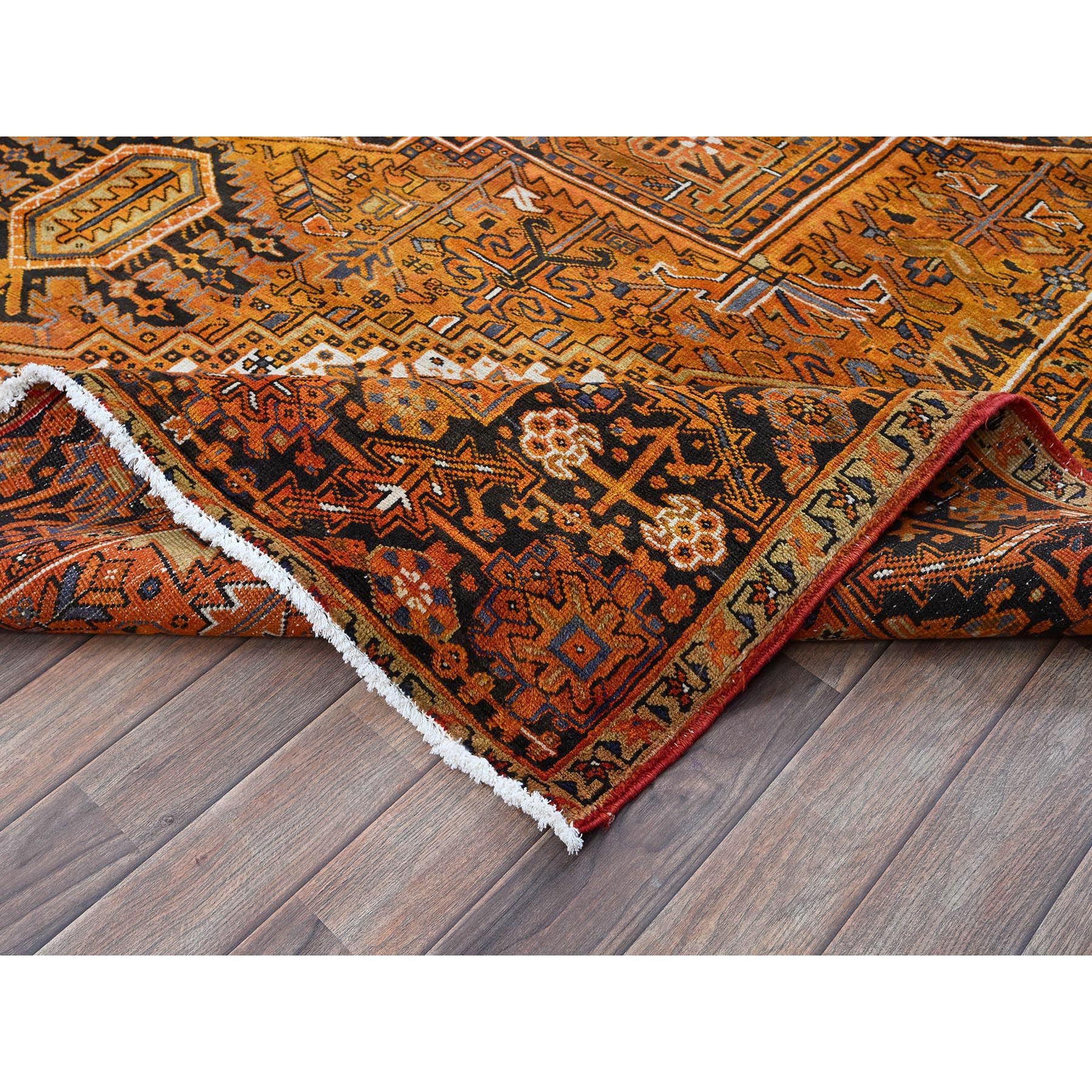 8'2"x10'9" Golden Orange, Vintage Persian Heriz with Geometric Medallion Design, 100% Wool, Hand Knotted, Even Wear, Sheared Low, Good Condition, Sides and Ends Professionally Secured, Oriental Rug Sh267