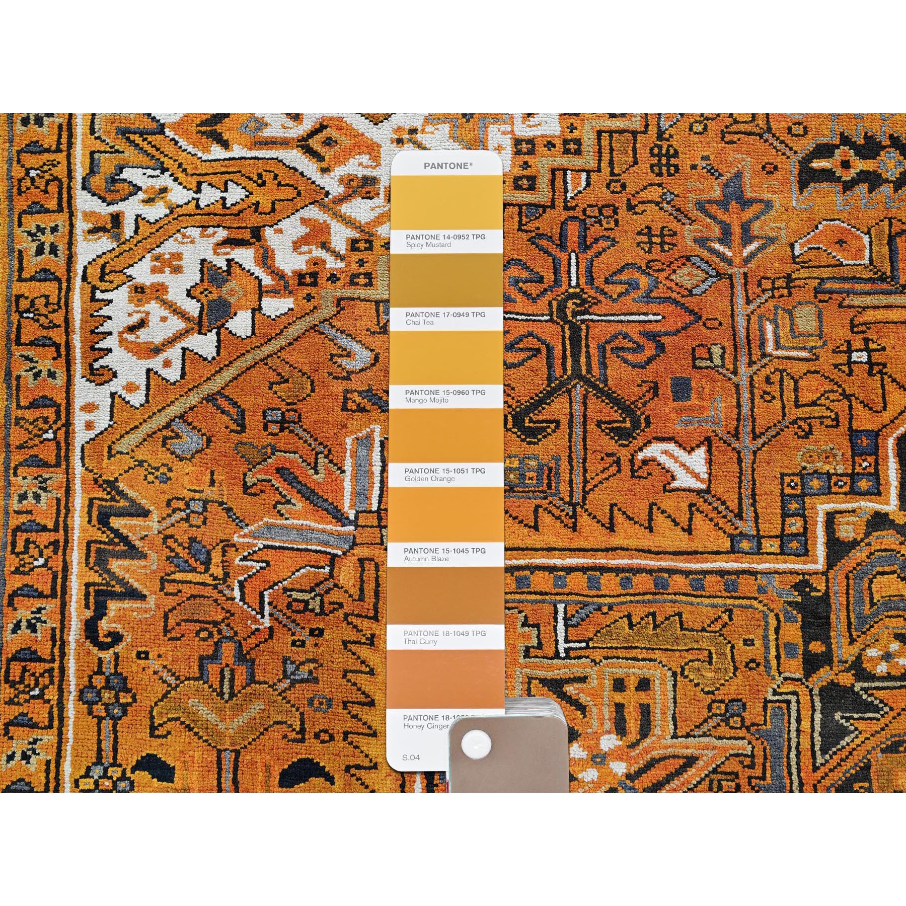 8'2"x10'9" Golden Orange, Vintage Persian Heriz with Geometric Medallion Design, 100% Wool, Hand Knotted, Even Wear, Sheared Low, Good Condition, Sides and Ends Professionally Secured, Oriental Rug Sh267