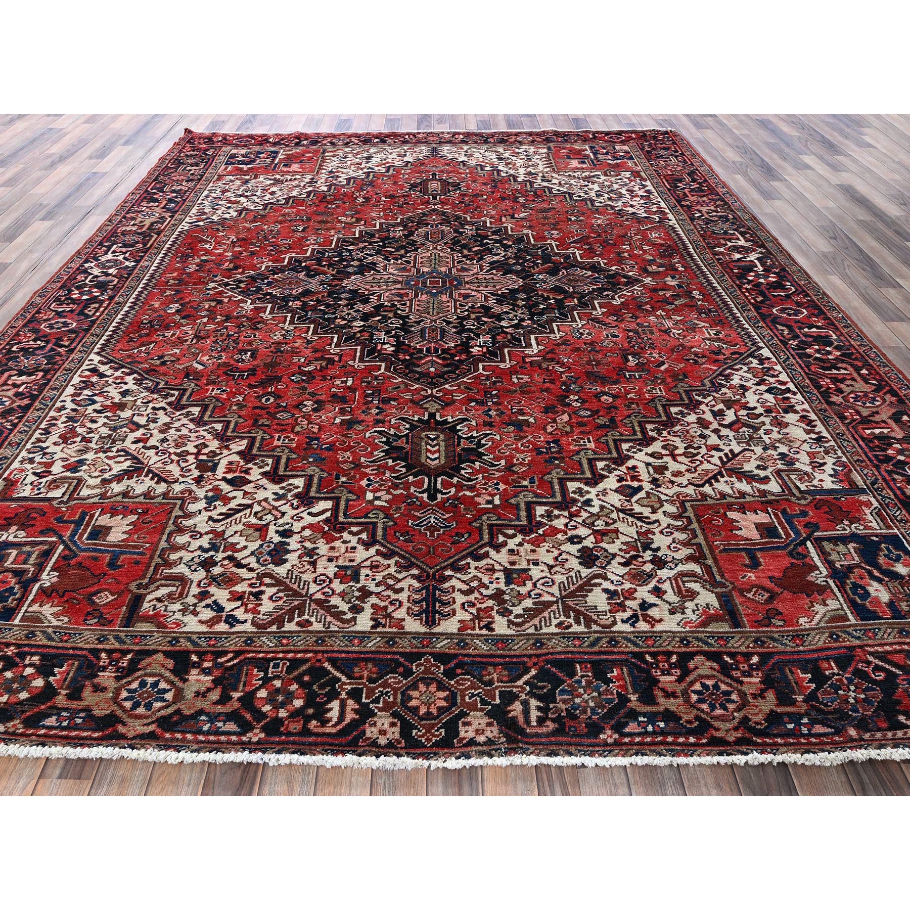9'5"x11' Crimson Red, Vintage Persian Heriz with Geometric Medallion Design, 100% Wool, Hand Knotted, Even Wear, Cropped Thin, Good Condition, Sides and Ends Professionally Secured, Squarish, Oriental Rug Sh268