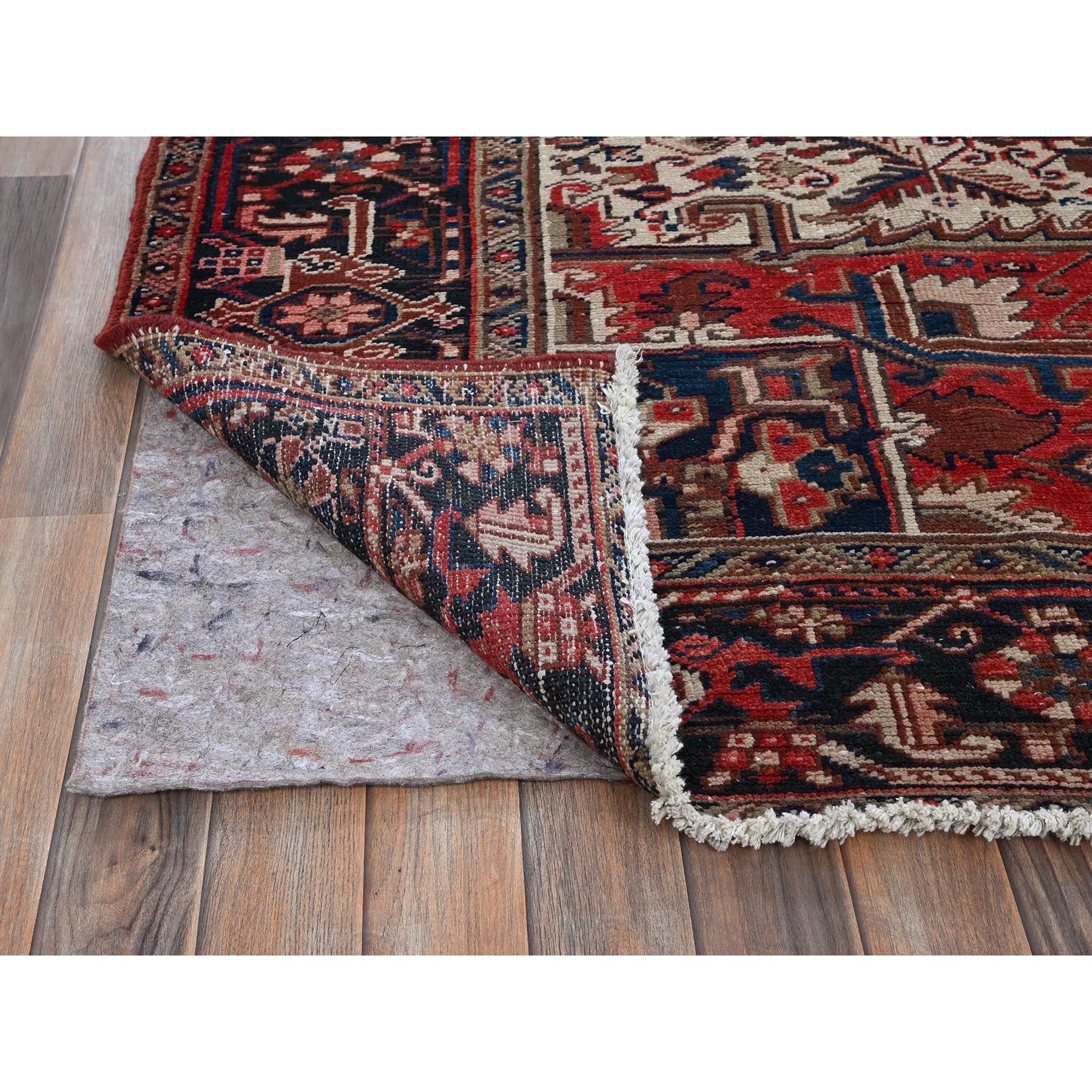 9'5"x11' Crimson Red, Vintage Persian Heriz with Geometric Medallion Design, 100% Wool, Hand Knotted, Even Wear, Cropped Thin, Good Condition, Sides and Ends Professionally Secured, Squarish, Oriental Rug Sh268