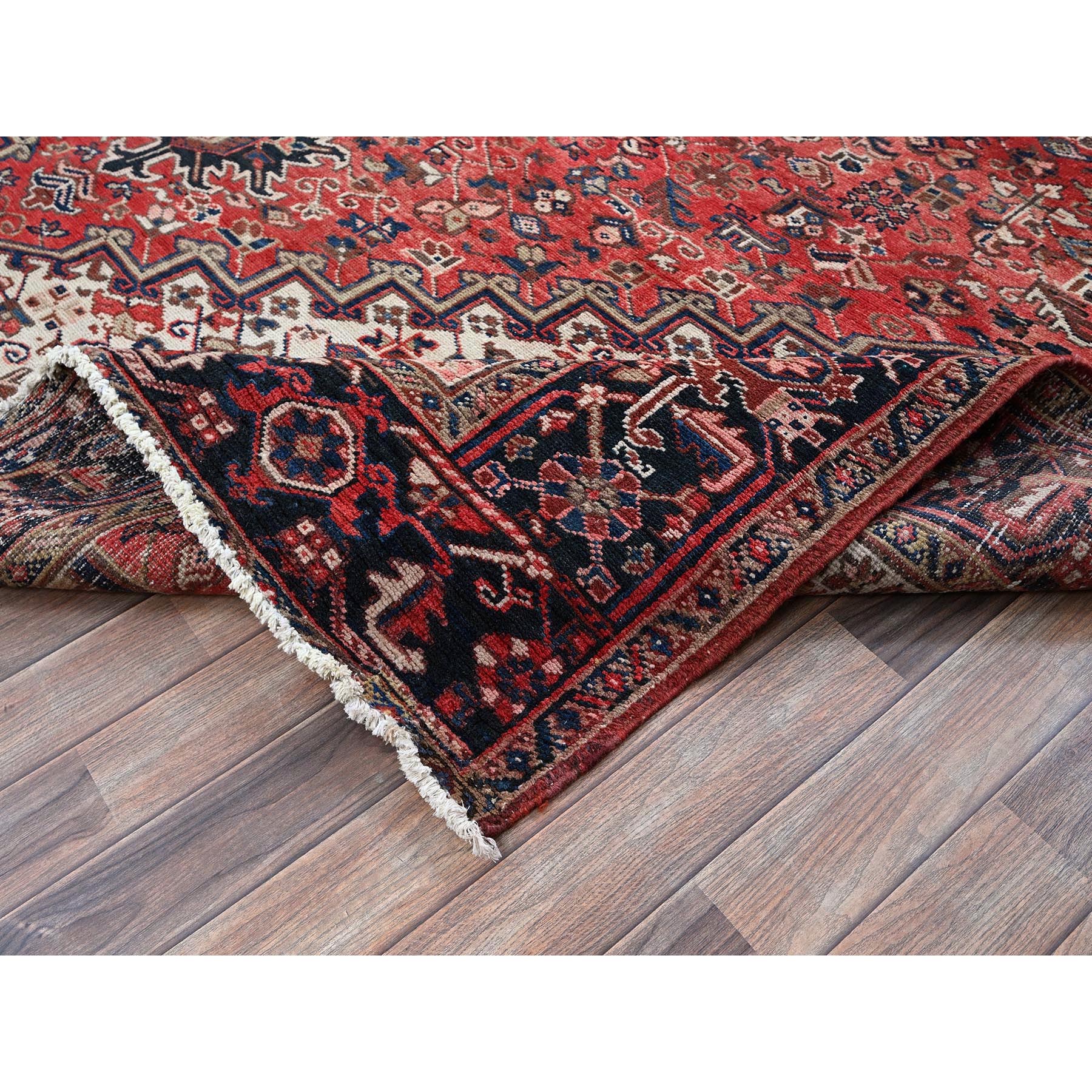 9'5"x11' Crimson Red, Vintage Persian Heriz with Geometric Medallion Design, 100% Wool, Hand Knotted, Even Wear, Cropped Thin, Good Condition, Sides and Ends Professionally Secured, Squarish, Oriental Rug Sh268