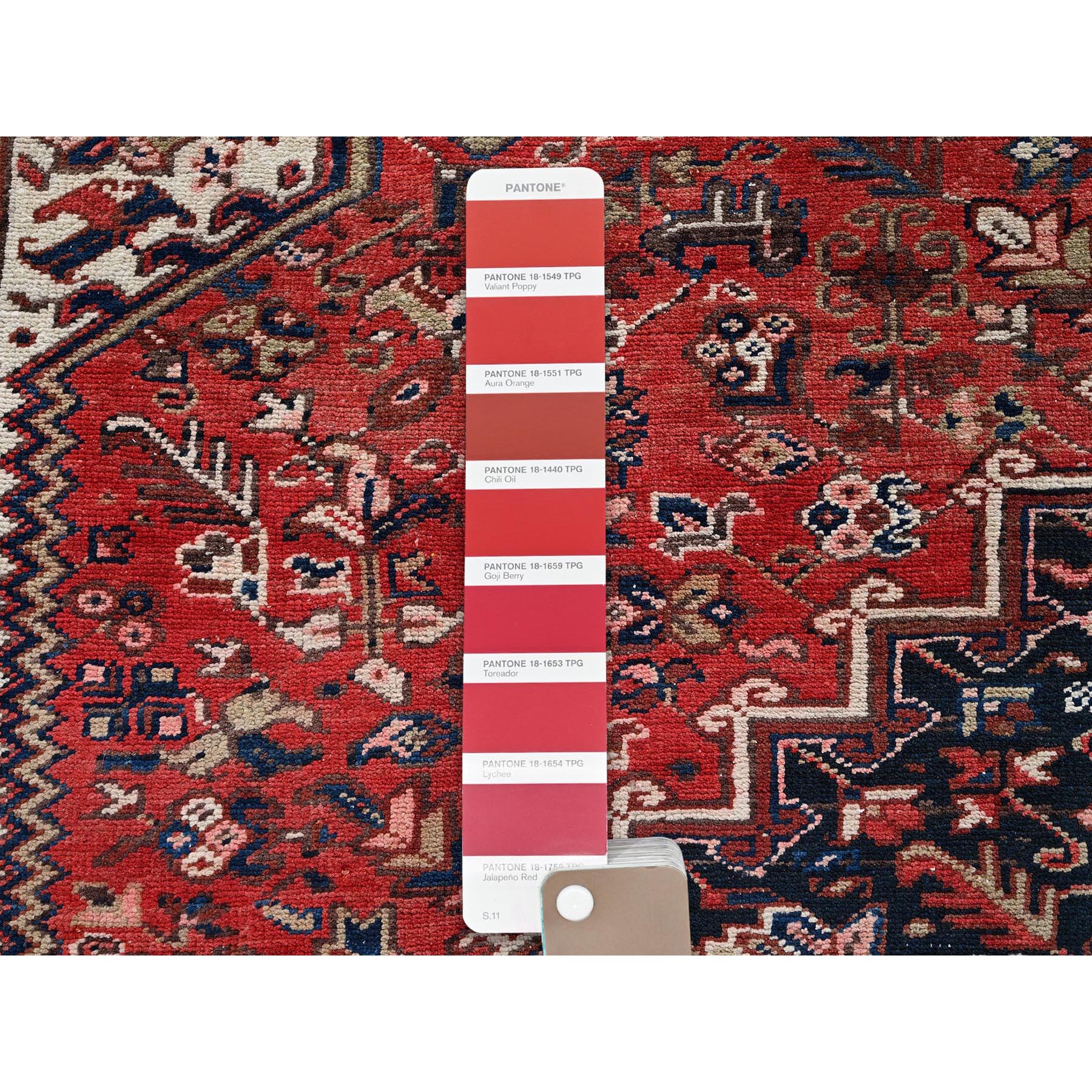 9'5"x11' Crimson Red, Vintage Persian Heriz with Geometric Medallion Design, 100% Wool, Hand Knotted, Even Wear, Cropped Thin, Good Condition, Sides and Ends Professionally Secured, Squarish, Oriental Rug Sh268
