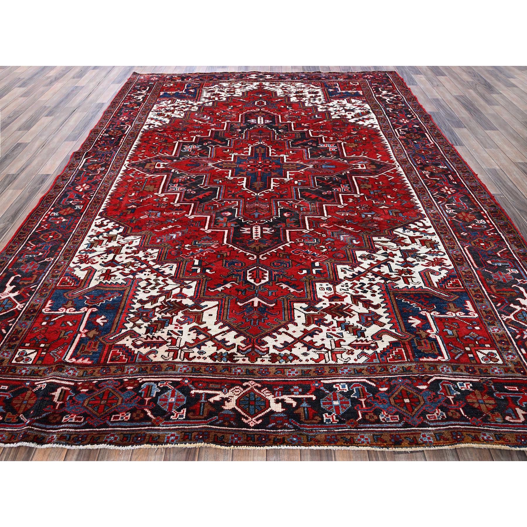 7'9"x10' Scarlet Red, Vintage Persian Heriz with Geometric Medallion Design, 100% Wool, Hand Knotted, Evenly Worn, Shaved Low, Good Condition, Clean, Sides and Ends Professionally Secured, Oriental Rug Sh270
