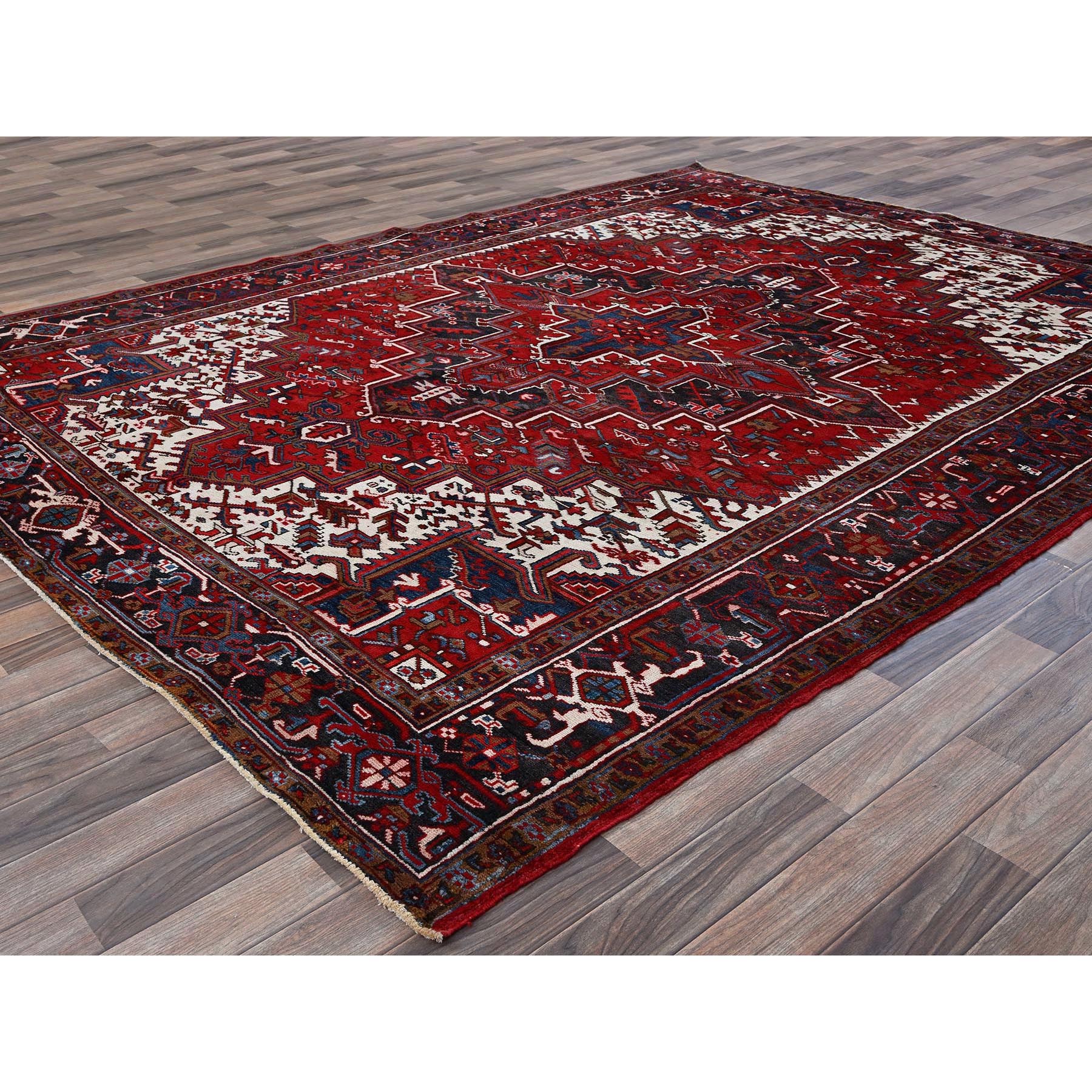 7'9"x10' Scarlet Red, Vintage Persian Heriz with Geometric Medallion Design, 100% Wool, Hand Knotted, Evenly Worn, Shaved Low, Good Condition, Clean, Sides and Ends Professionally Secured, Oriental Rug Sh270