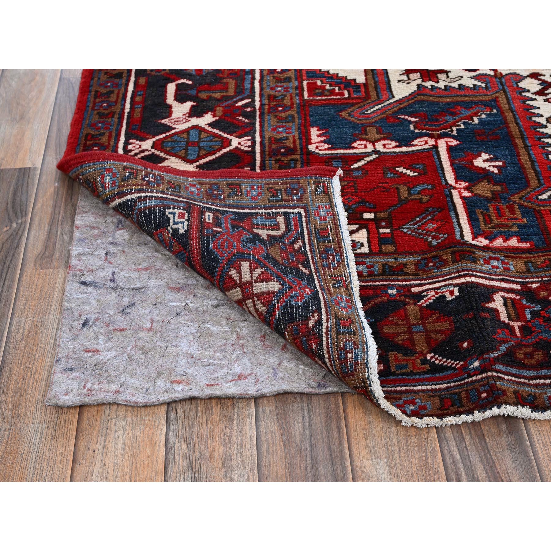 7'9"x10' Scarlet Red, Vintage Persian Heriz with Geometric Medallion Design, 100% Wool, Hand Knotted, Evenly Worn, Shaved Low, Good Condition, Clean, Sides and Ends Professionally Secured, Oriental Rug Sh270