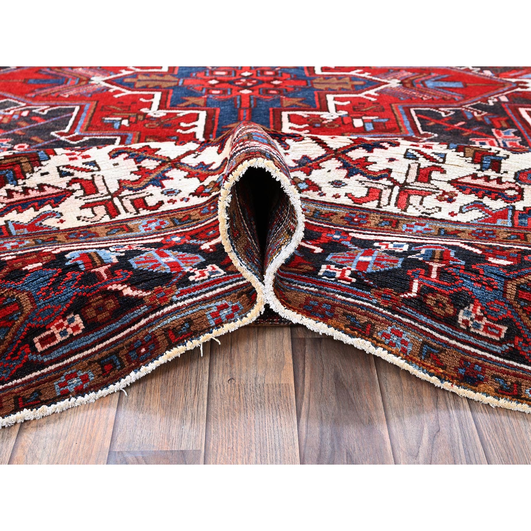 7'9"x10' Scarlet Red, Vintage Persian Heriz with Geometric Medallion Design, 100% Wool, Hand Knotted, Evenly Worn, Shaved Low, Good Condition, Clean, Sides and Ends Professionally Secured, Oriental Rug Sh270