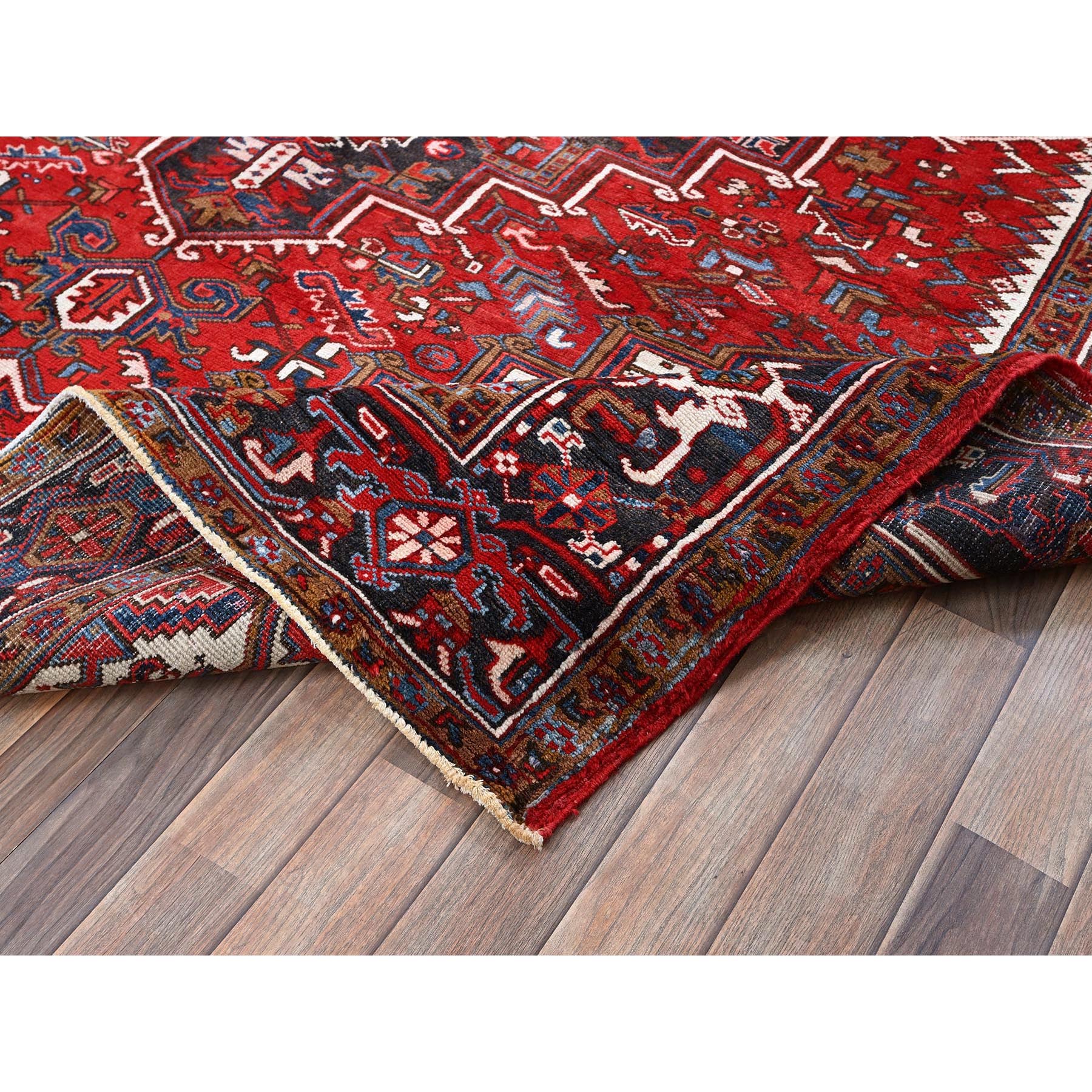 7'9"x10' Scarlet Red, Vintage Persian Heriz with Geometric Medallion Design, 100% Wool, Hand Knotted, Evenly Worn, Shaved Low, Good Condition, Clean, Sides and Ends Professionally Secured, Oriental Rug Sh270