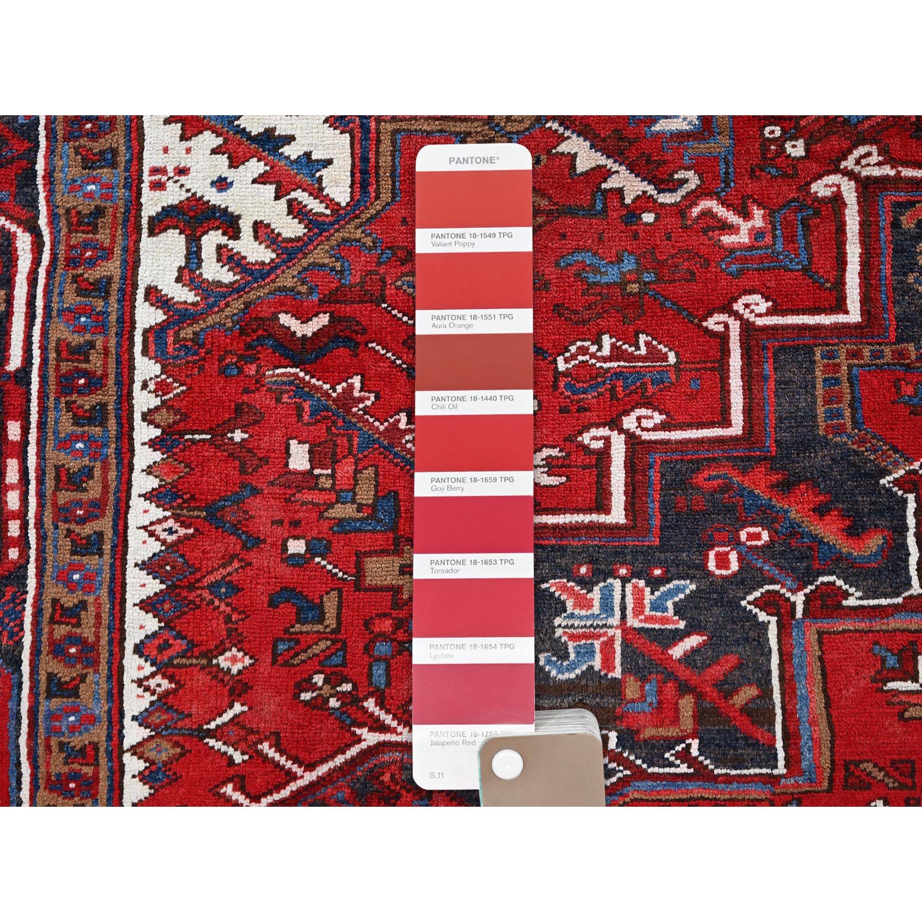 7'9"x10' Scarlet Red, Vintage Persian Heriz with Geometric Medallion Design, 100% Wool, Hand Knotted, Evenly Worn, Shaved Low, Good Condition, Clean, Sides and Ends Professionally Secured, Oriental Rug Sh270