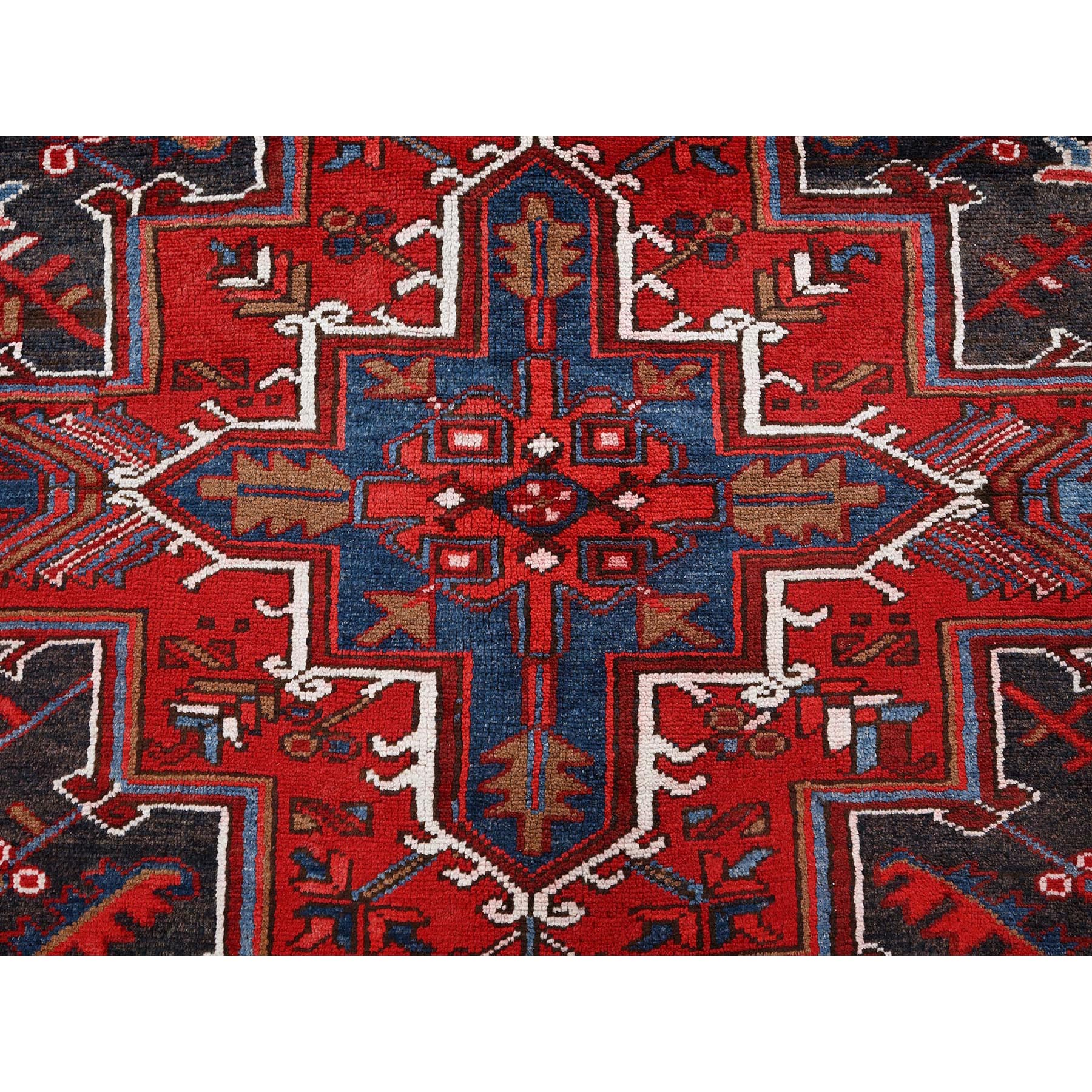 7'9"x10' Scarlet Red, Vintage Persian Heriz with Geometric Medallion Design, 100% Wool, Hand Knotted, Evenly Worn, Shaved Low, Good Condition, Clean, Sides and Ends Professionally Secured, Oriental Rug Sh270