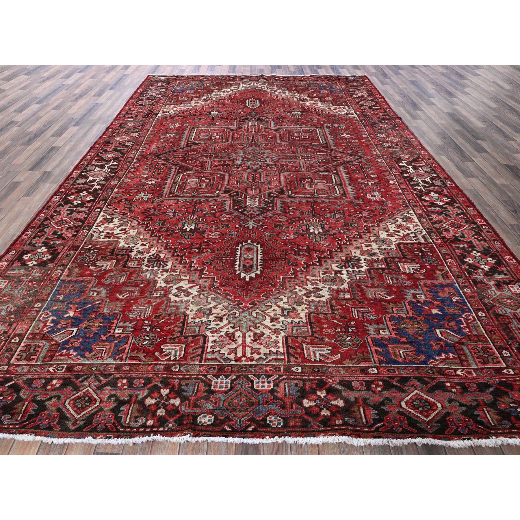 9'4"x12'10" Crimson Red, Vintage Persian Heriz with Large Medallion Design, Pure Wool, Hand Knotted, Even Wear, Cropped Thin, Good Condition, Sides and Ends Professionally Secured, Oriental Rug Sh271