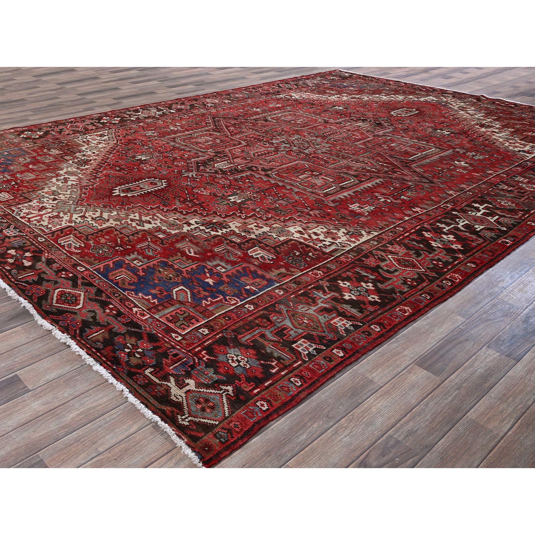 9'4"x12'10" Crimson Red, Vintage Persian Heriz with Large Medallion Design, Pure Wool, Hand Knotted, Even Wear, Cropped Thin, Good Condition, Sides and Ends Professionally Secured, Oriental Rug Sh271