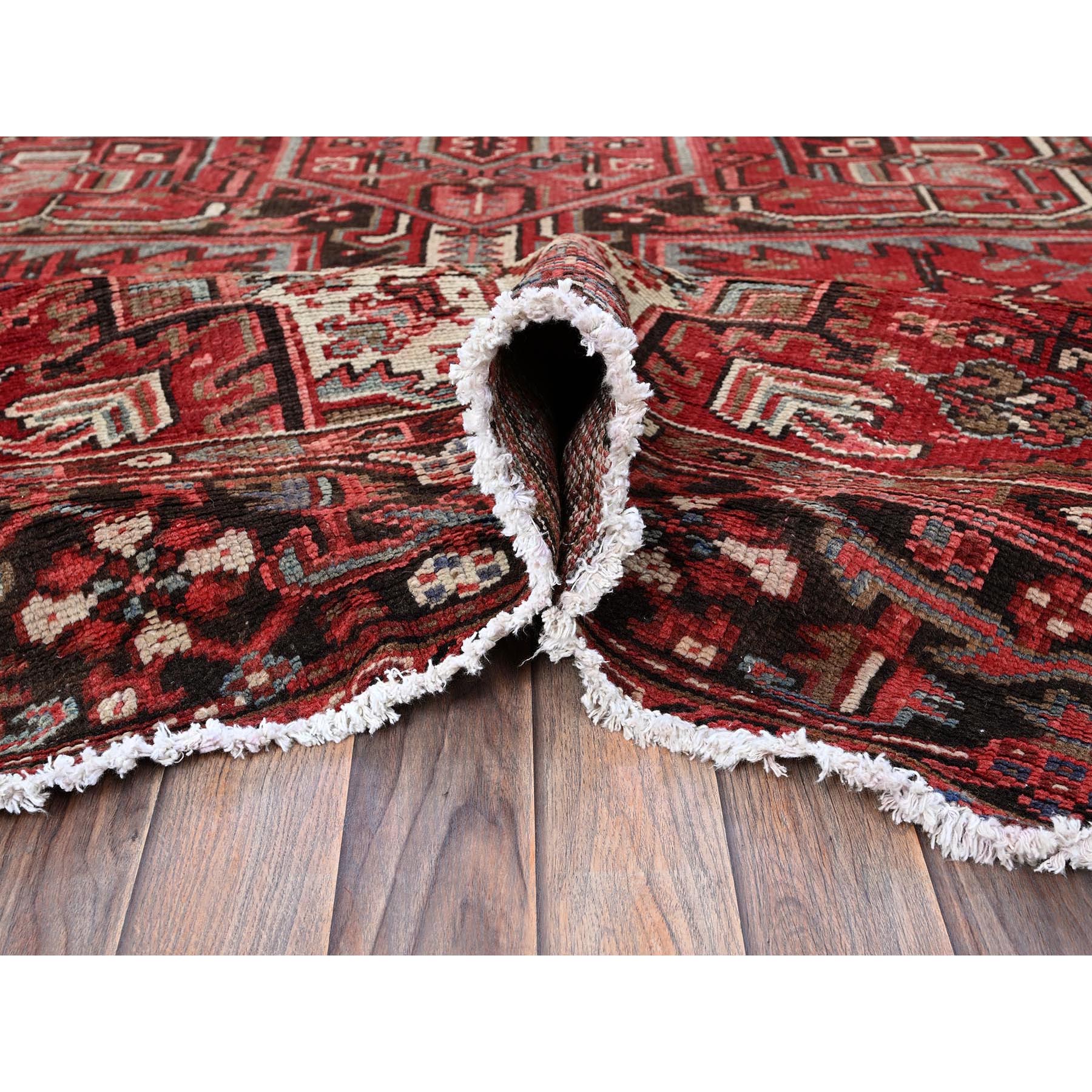 9'4"x12'10" Crimson Red, Vintage Persian Heriz with Large Medallion Design, Pure Wool, Hand Knotted, Even Wear, Cropped Thin, Good Condition, Sides and Ends Professionally Secured, Oriental Rug Sh271