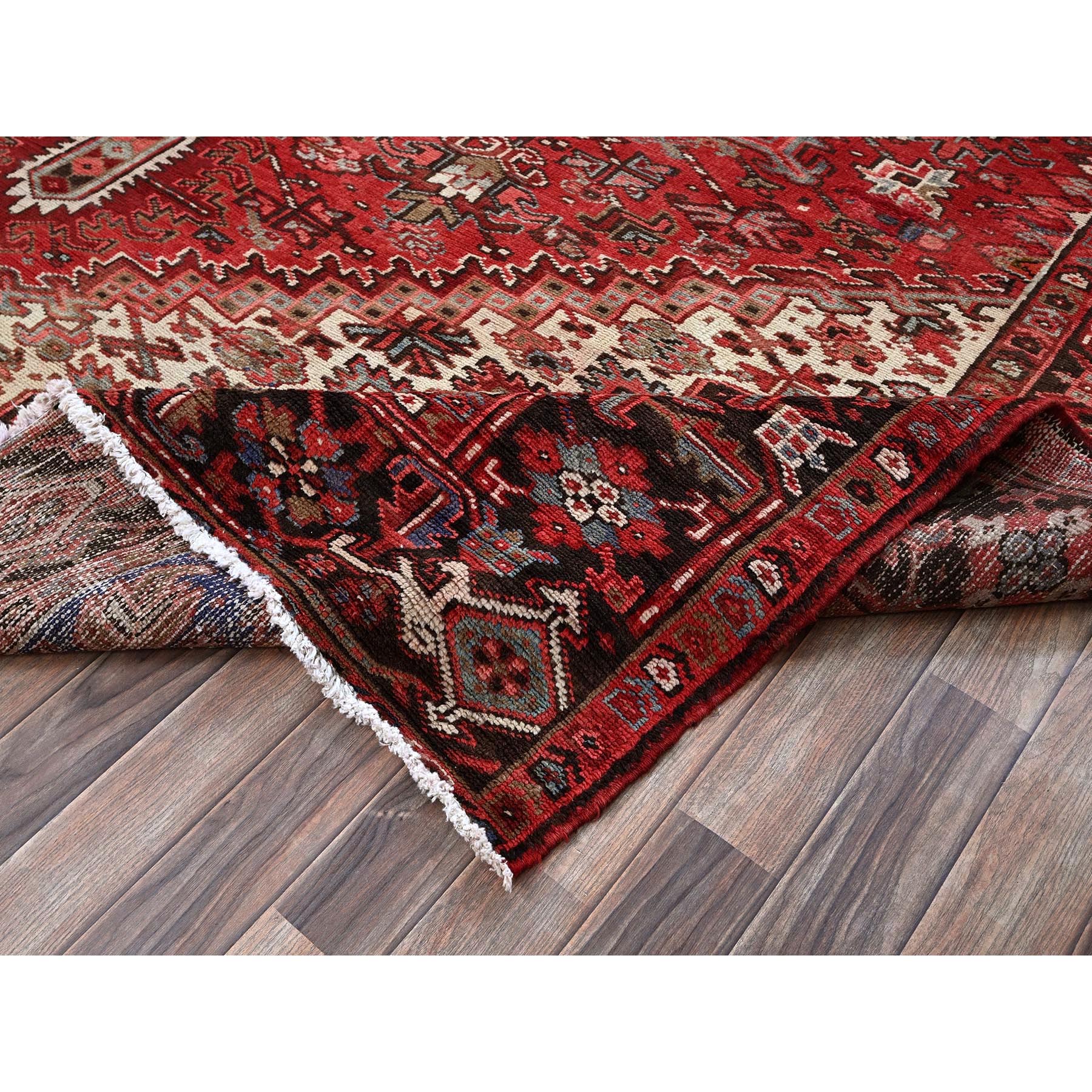 9'4"x12'10" Crimson Red, Vintage Persian Heriz with Large Medallion Design, Pure Wool, Hand Knotted, Even Wear, Cropped Thin, Good Condition, Sides and Ends Professionally Secured, Oriental Rug Sh271