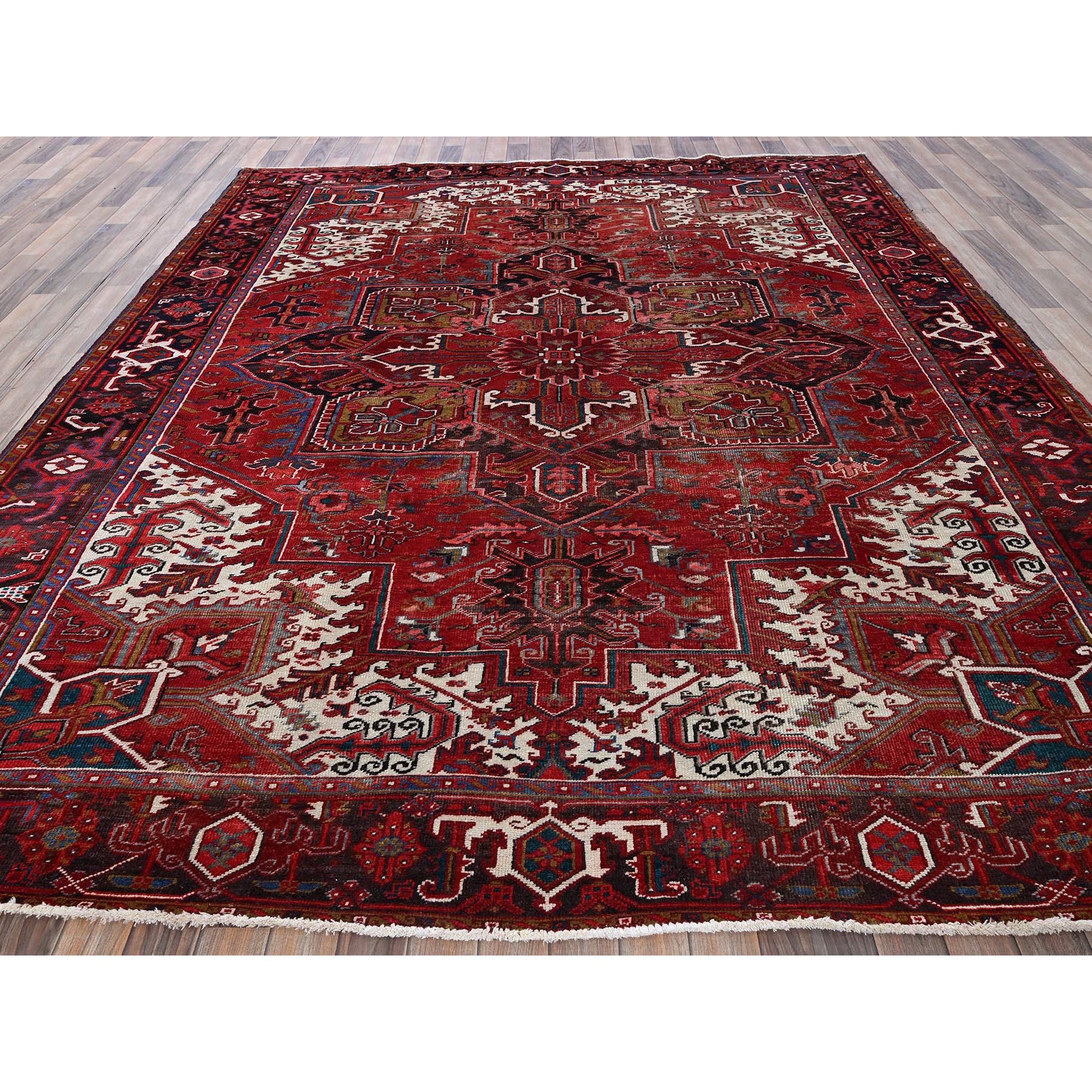 8'9"x10'4" Ruby Red, Vintage Persian Heriz with Large Medallion Design, 100% Wool, Hand Knotted, Evenly Worn, Cropped Thin, Good Condition, Sides and Ends Professionally Secured, Squarish, Oriental Rug Sh272
