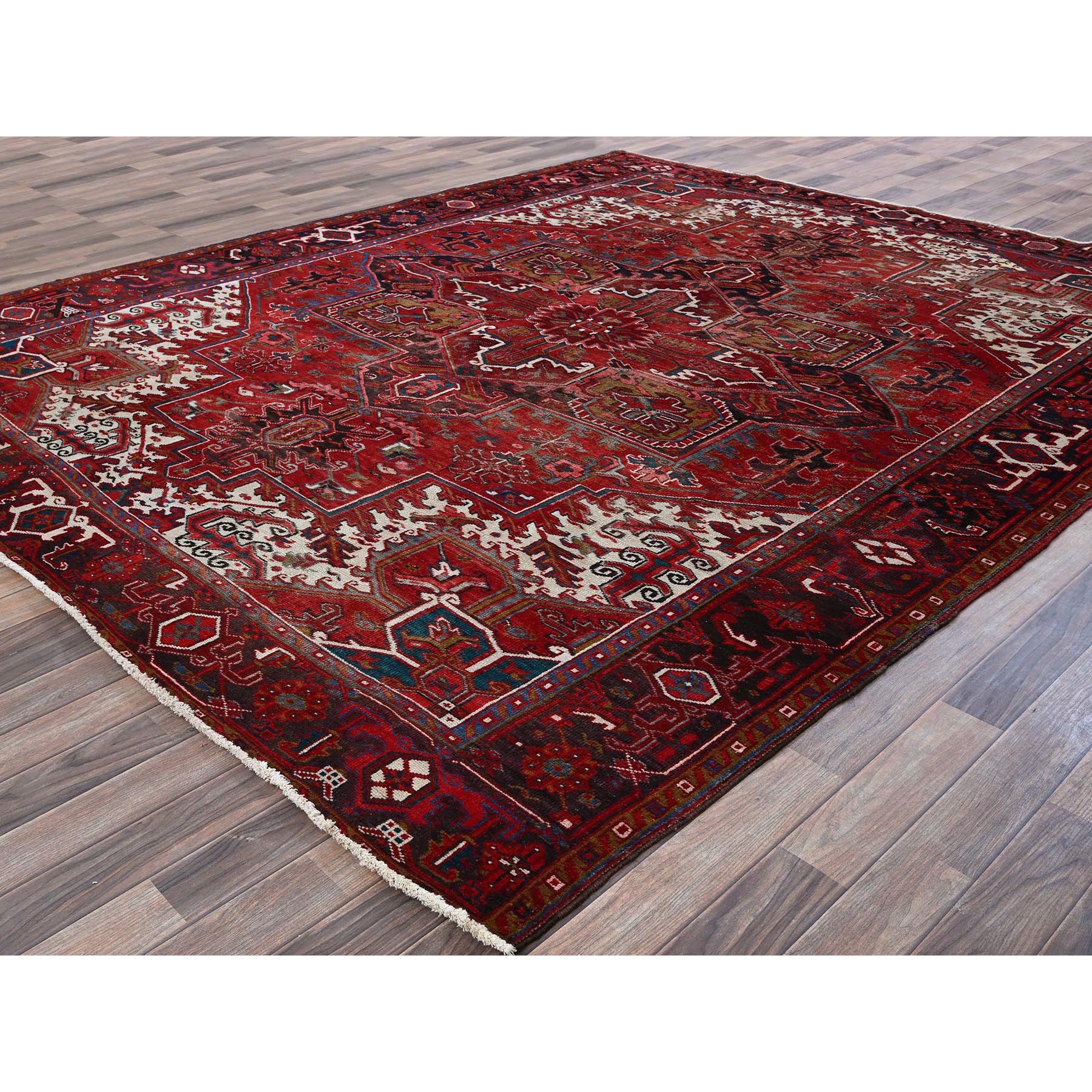 8'9"x10'4" Ruby Red, Vintage Persian Heriz with Large Medallion Design, 100% Wool, Hand Knotted, Evenly Worn, Cropped Thin, Good Condition, Sides and Ends Professionally Secured, Squarish, Oriental Rug Sh272