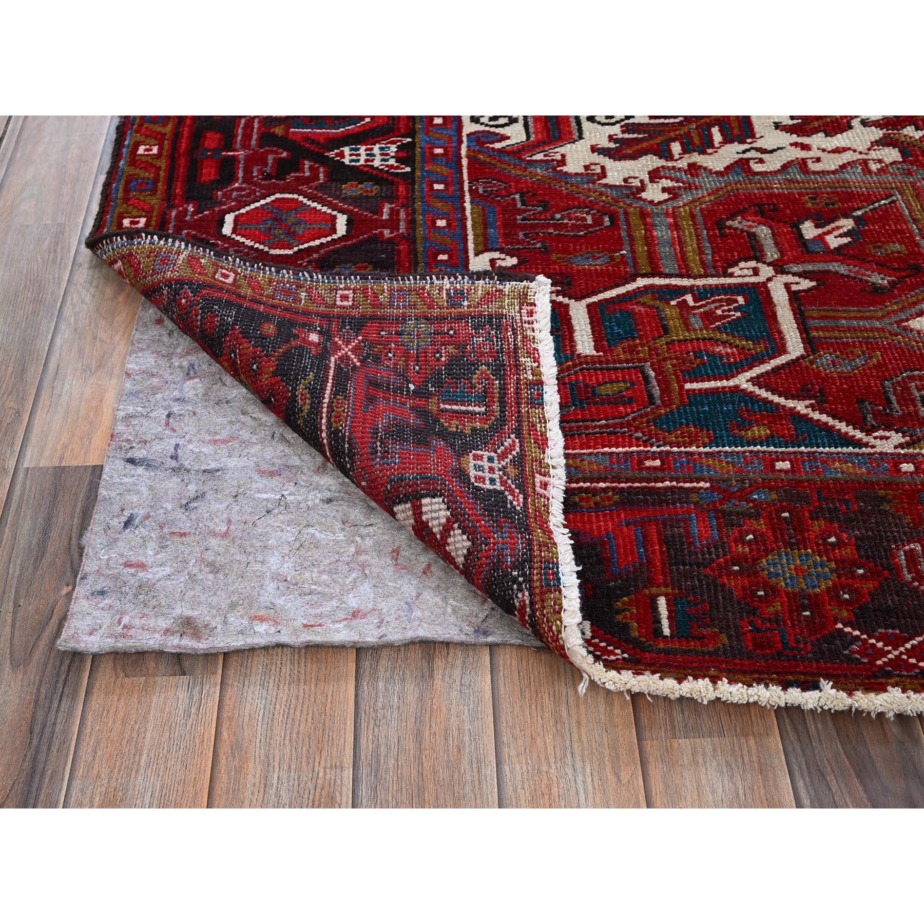 8'9"x10'4" Ruby Red, Vintage Persian Heriz with Large Medallion Design, 100% Wool, Hand Knotted, Evenly Worn, Cropped Thin, Good Condition, Sides and Ends Professionally Secured, Squarish, Oriental Rug Sh272