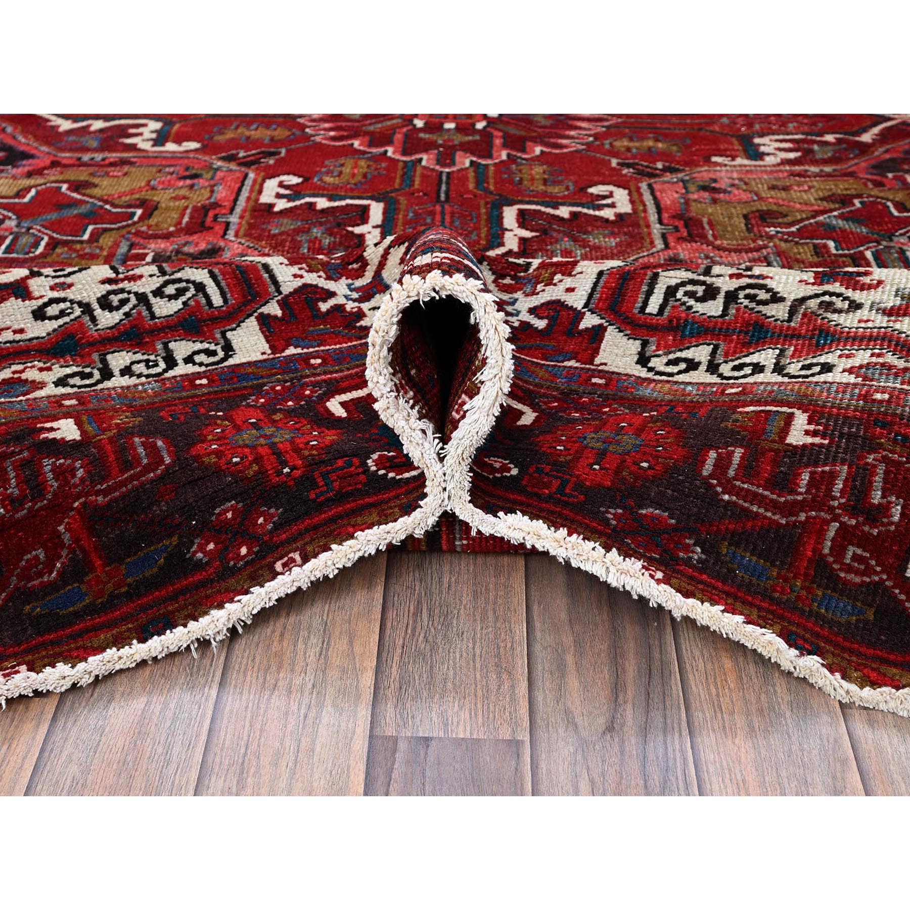 8'9"x10'4" Ruby Red, Vintage Persian Heriz with Large Medallion Design, 100% Wool, Hand Knotted, Evenly Worn, Cropped Thin, Good Condition, Sides and Ends Professionally Secured, Squarish, Oriental Rug Sh272