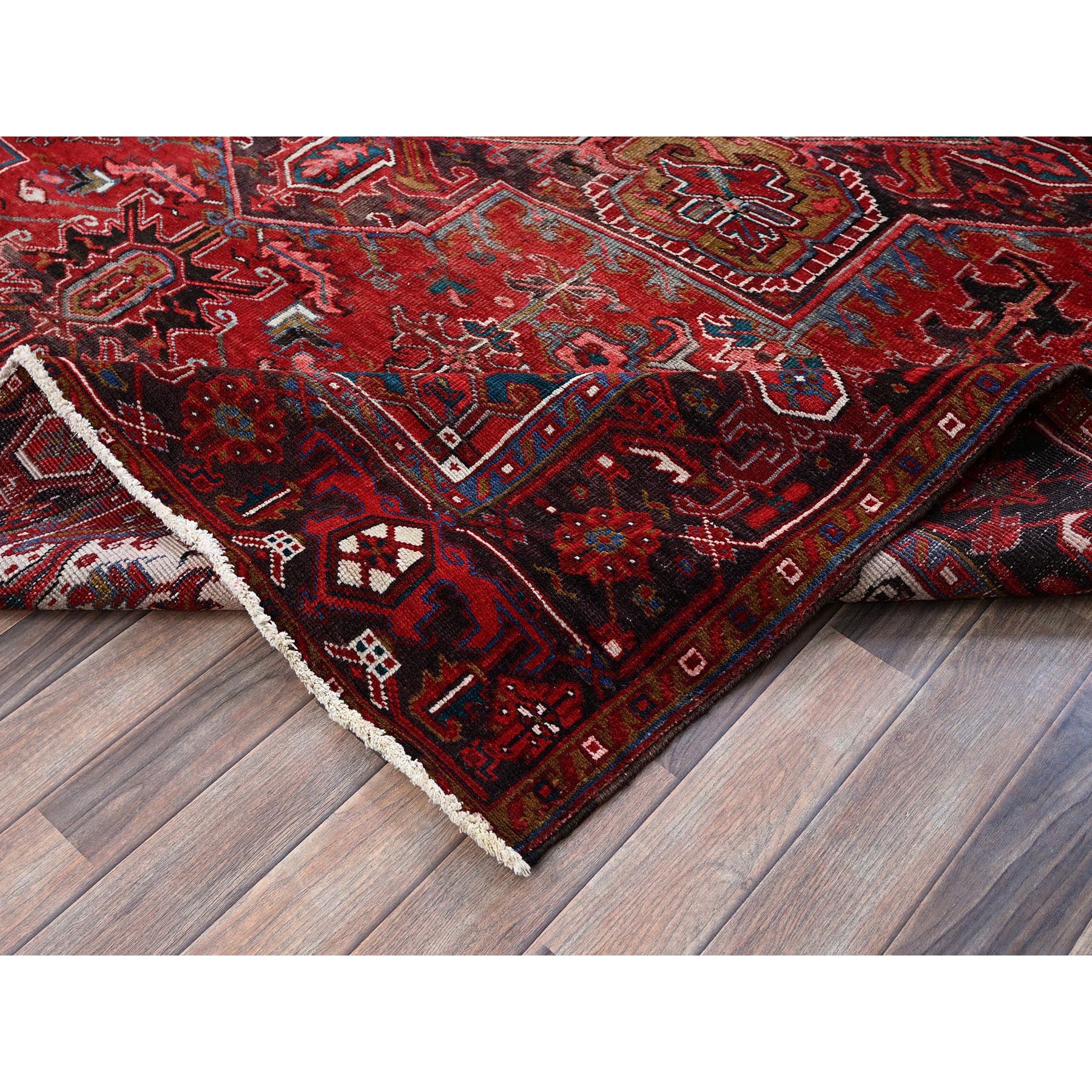 8'9"x10'4" Ruby Red, Vintage Persian Heriz with Large Medallion Design, 100% Wool, Hand Knotted, Evenly Worn, Cropped Thin, Good Condition, Sides and Ends Professionally Secured, Squarish, Oriental Rug Sh272