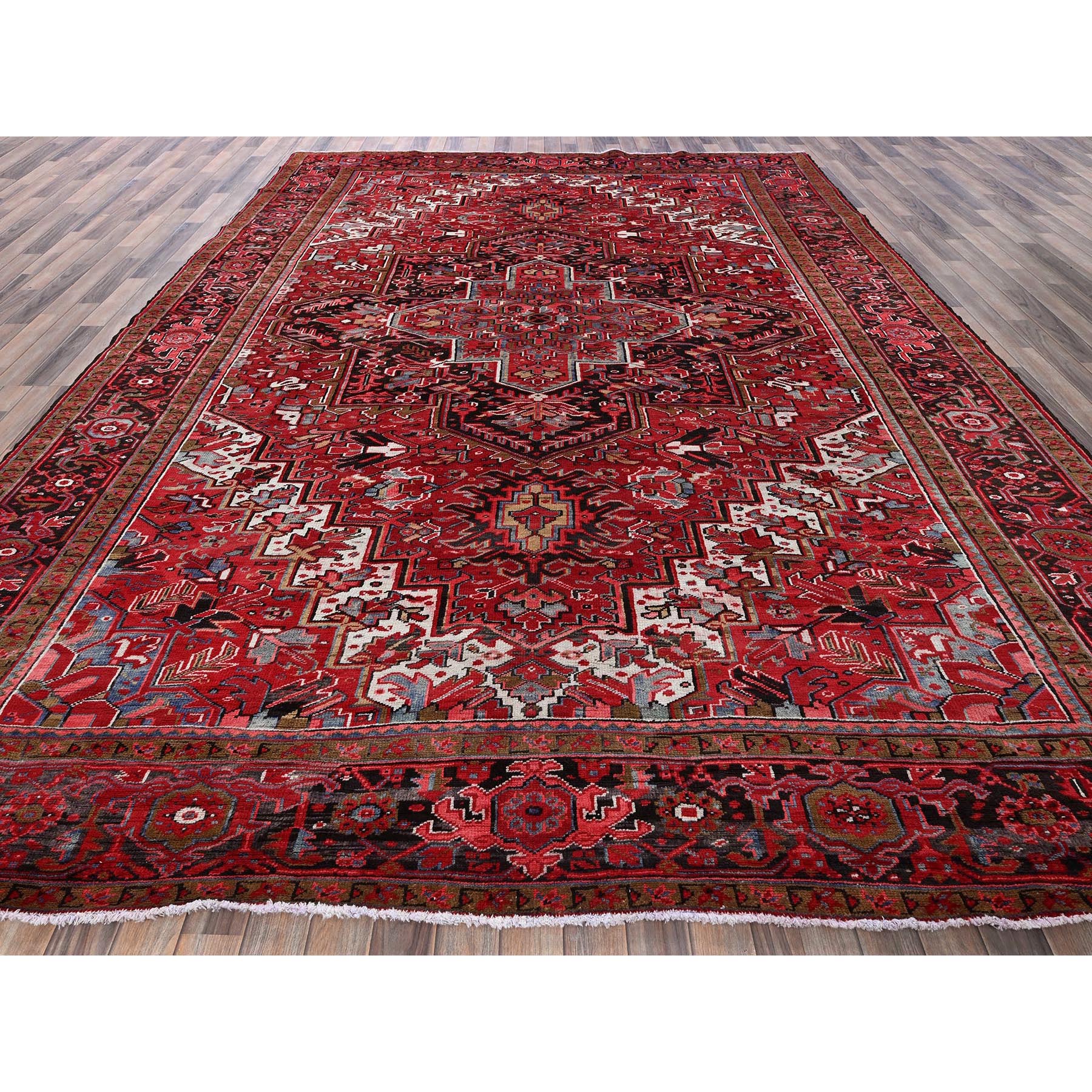 9'9"x12'5" Imperial Red, Vintage Persian Heriz with Geometric Medallion Design, Rustic Look, Pure Wool, Hand Knotted, Even Wear, Shaved Down, Good Condition, Sides and Ends Professionally Secured, Oriental Rug Sh273