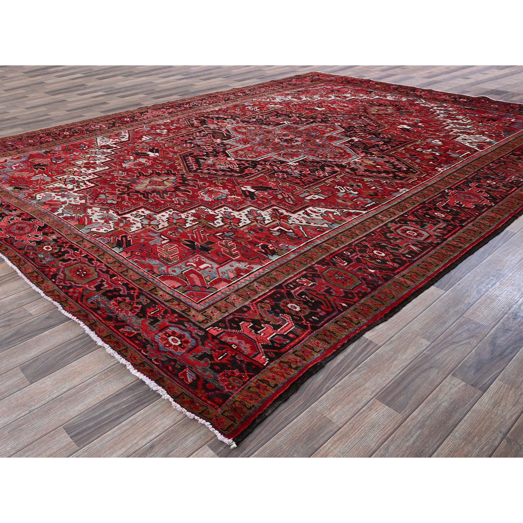 9'9"x12'5" Imperial Red, Vintage Persian Heriz with Geometric Medallion Design, Rustic Look, Pure Wool, Hand Knotted, Even Wear, Shaved Down, Good Condition, Sides and Ends Professionally Secured, Oriental Rug Sh273