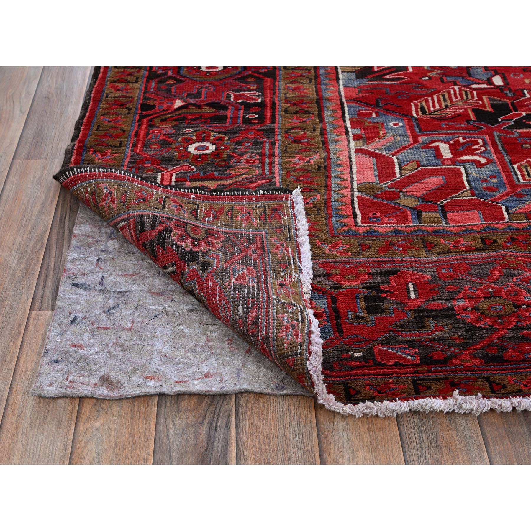 9'9"x12'5" Imperial Red, Vintage Persian Heriz with Geometric Medallion Design, Rustic Look, Pure Wool, Hand Knotted, Even Wear, Shaved Down, Good Condition, Sides and Ends Professionally Secured, Oriental Rug Sh273