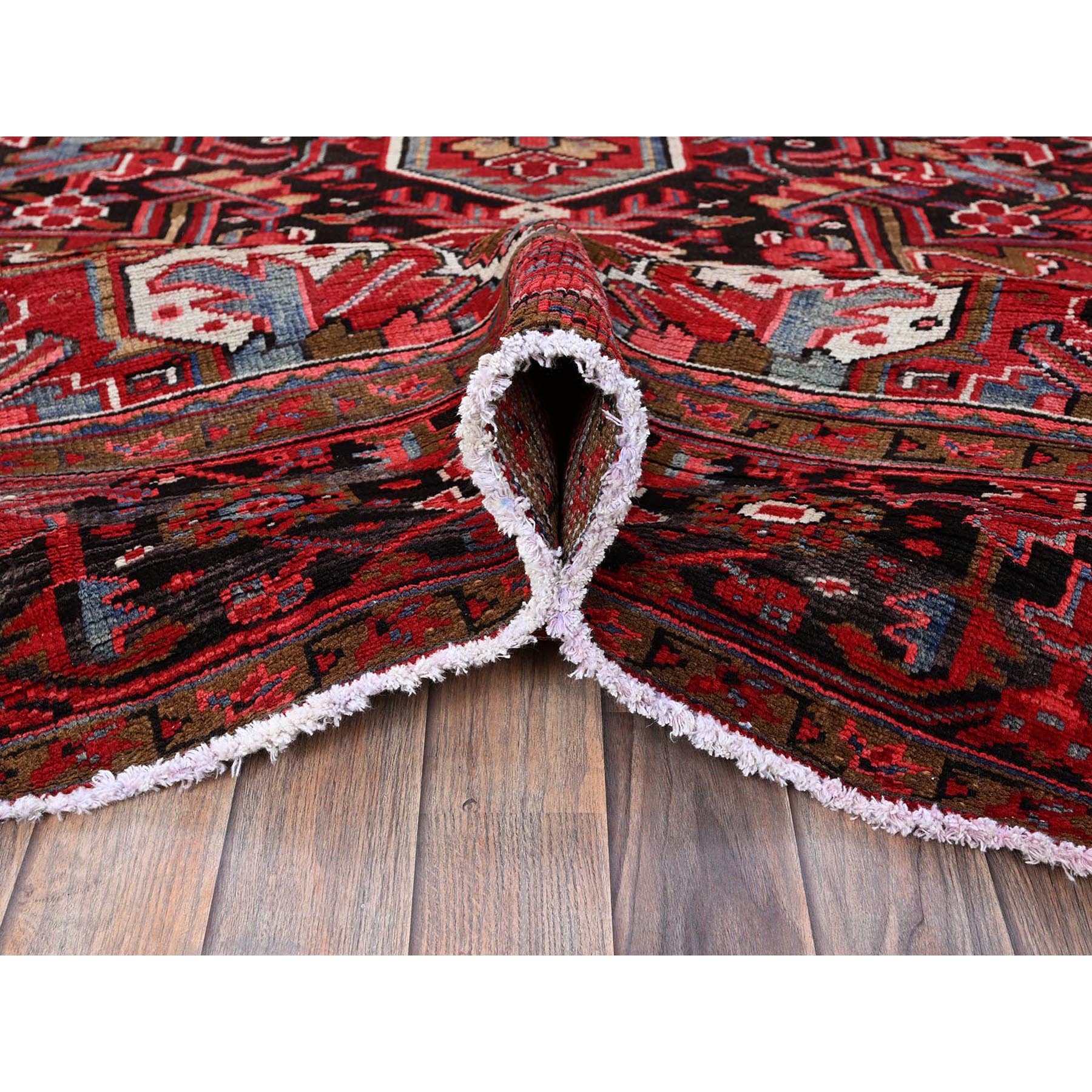 9'9"x12'5" Imperial Red, Vintage Persian Heriz with Geometric Medallion Design, Rustic Look, Pure Wool, Hand Knotted, Even Wear, Shaved Down, Good Condition, Sides and Ends Professionally Secured, Oriental Rug Sh273