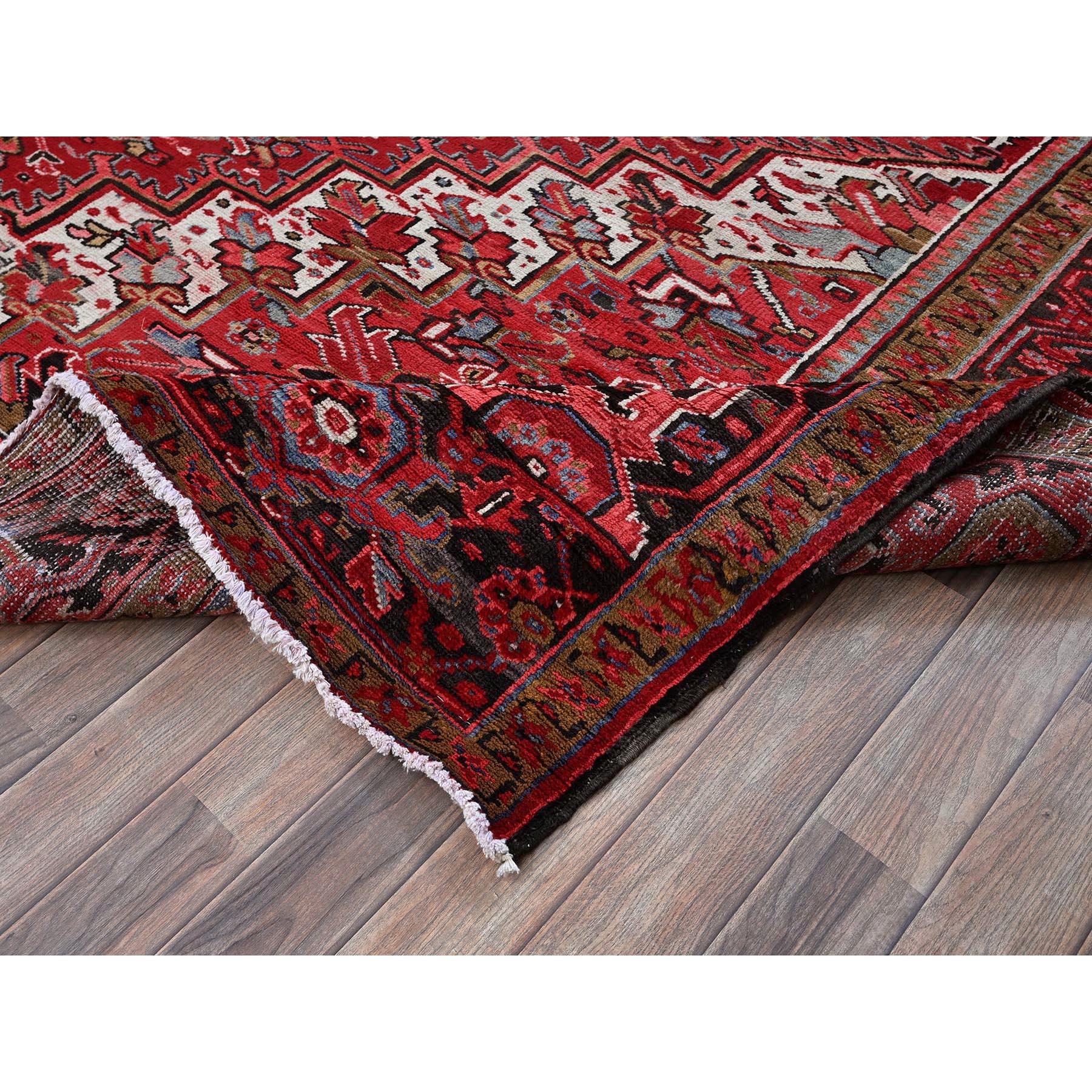9'9"x12'5" Imperial Red, Vintage Persian Heriz with Geometric Medallion Design, Rustic Look, Pure Wool, Hand Knotted, Even Wear, Shaved Down, Good Condition, Sides and Ends Professionally Secured, Oriental Rug Sh273