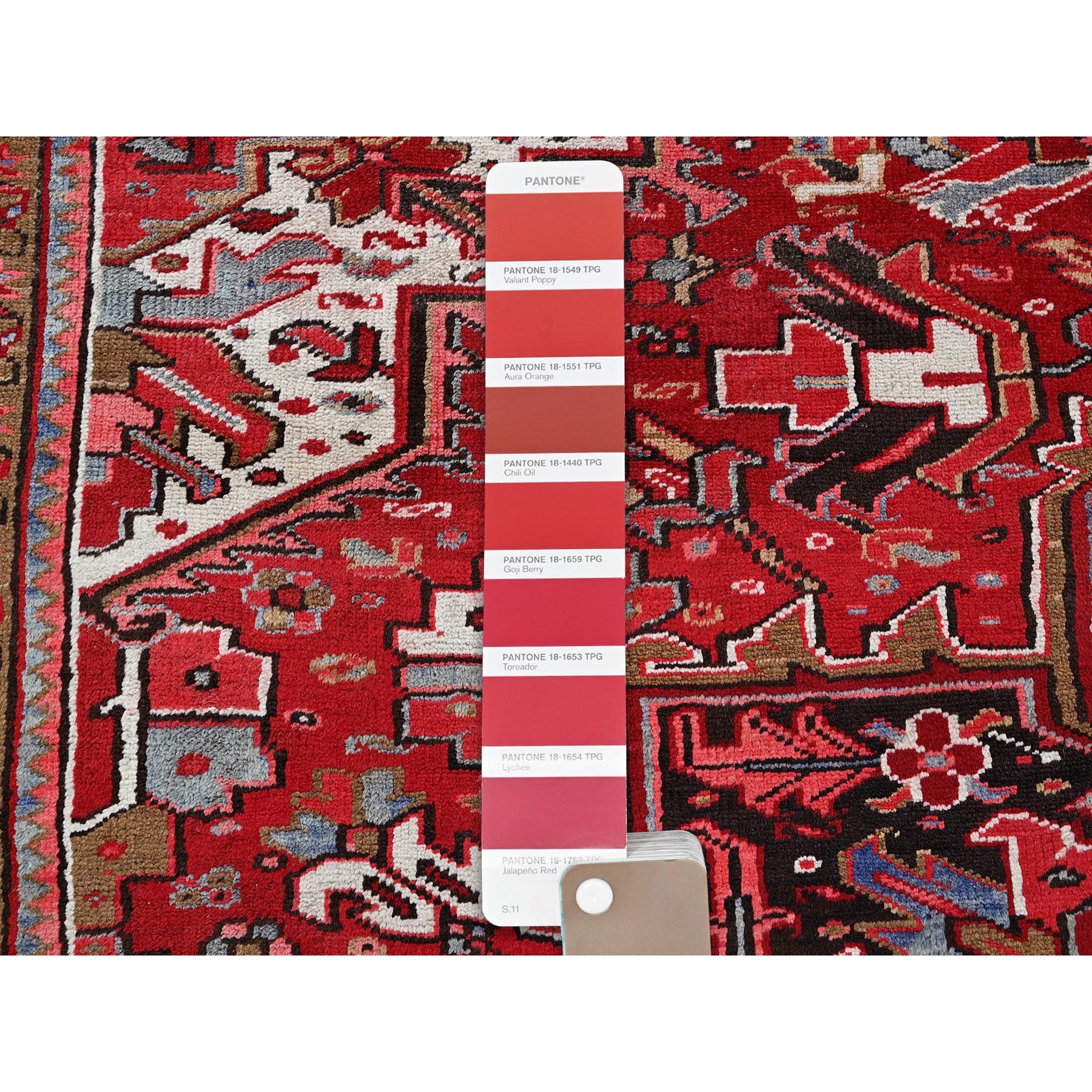 9'9"x12'5" Imperial Red, Vintage Persian Heriz with Geometric Medallion Design, Rustic Look, Pure Wool, Hand Knotted, Even Wear, Shaved Down, Good Condition, Sides and Ends Professionally Secured, Oriental Rug Sh273