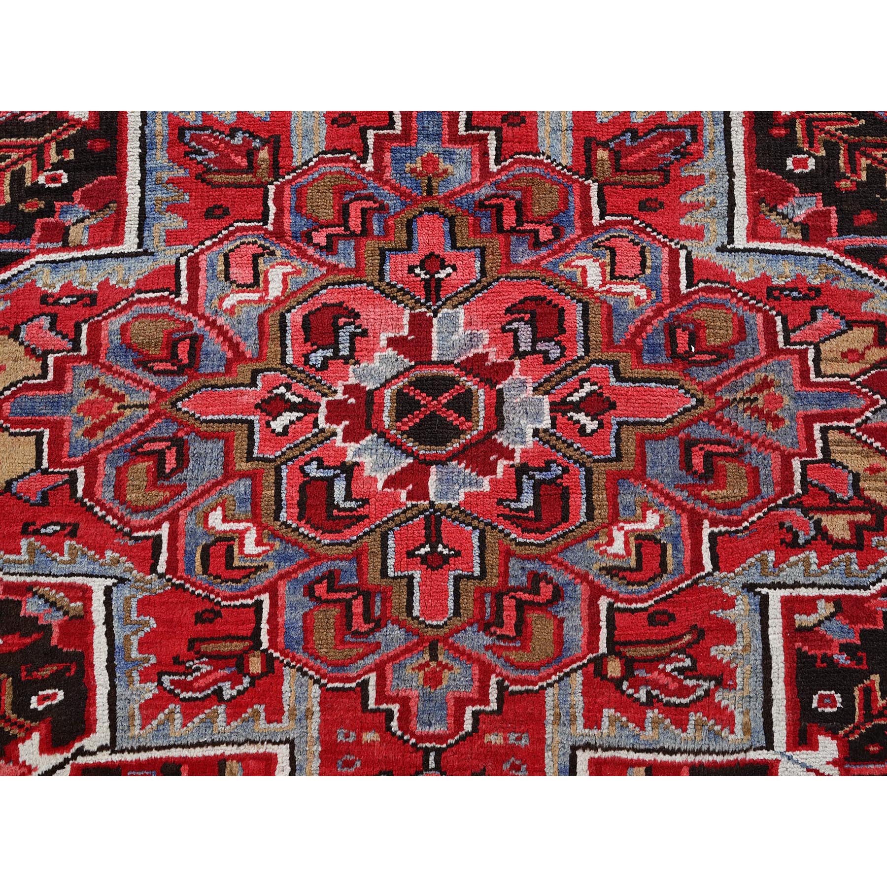 9'9"x12'5" Imperial Red, Vintage Persian Heriz with Geometric Medallion Design, Rustic Look, Pure Wool, Hand Knotted, Even Wear, Shaved Down, Good Condition, Sides and Ends Professionally Secured, Oriental Rug Sh273