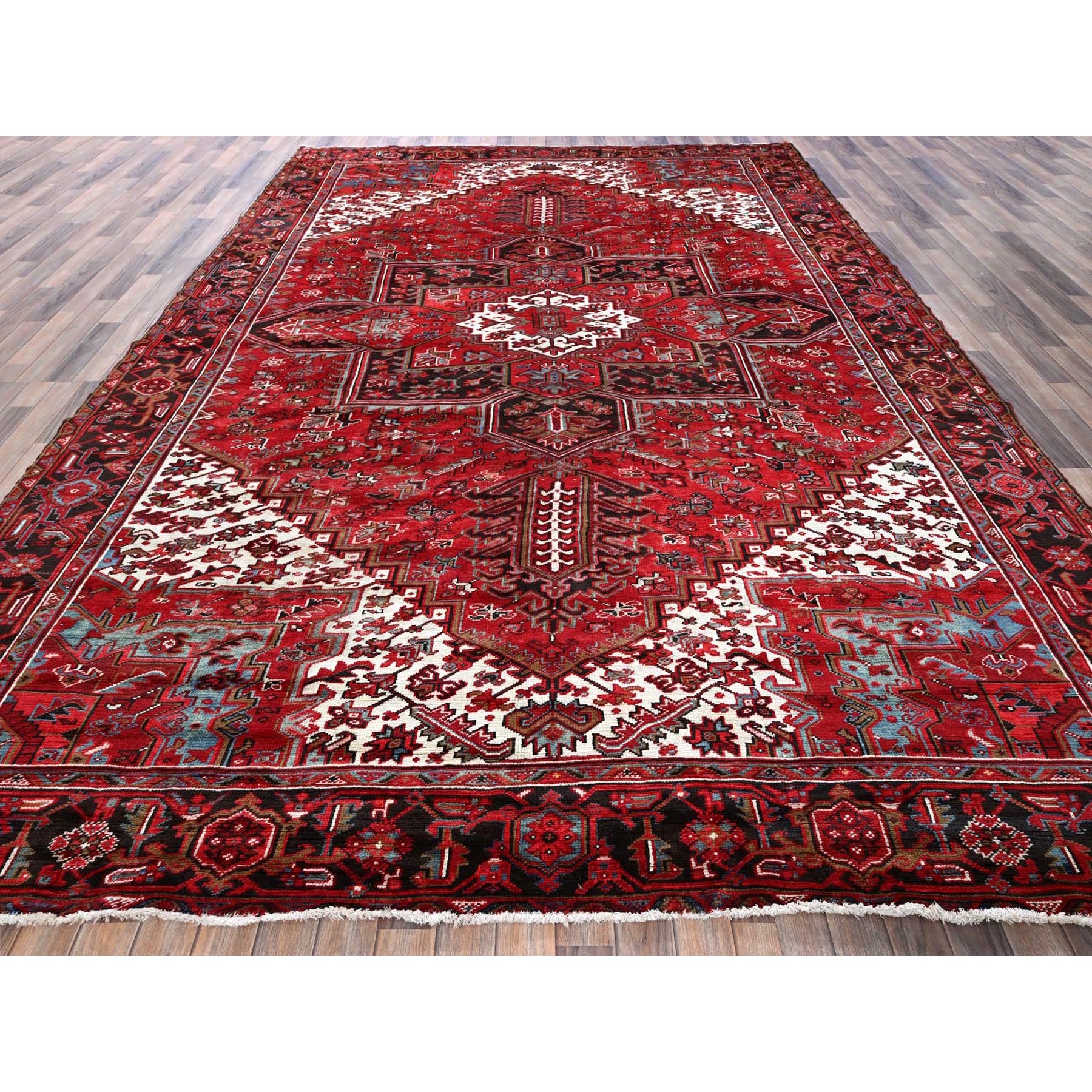 9'6"x12'9" Crimson Red, Vintage Persian Heriz with Geometric Medallion Design, 100% Wool, Hand Knotted, Evenly Worn, Sheared Low, Good Condition, Sides and Ends Professionally Secured, Oriental Rug Sh274