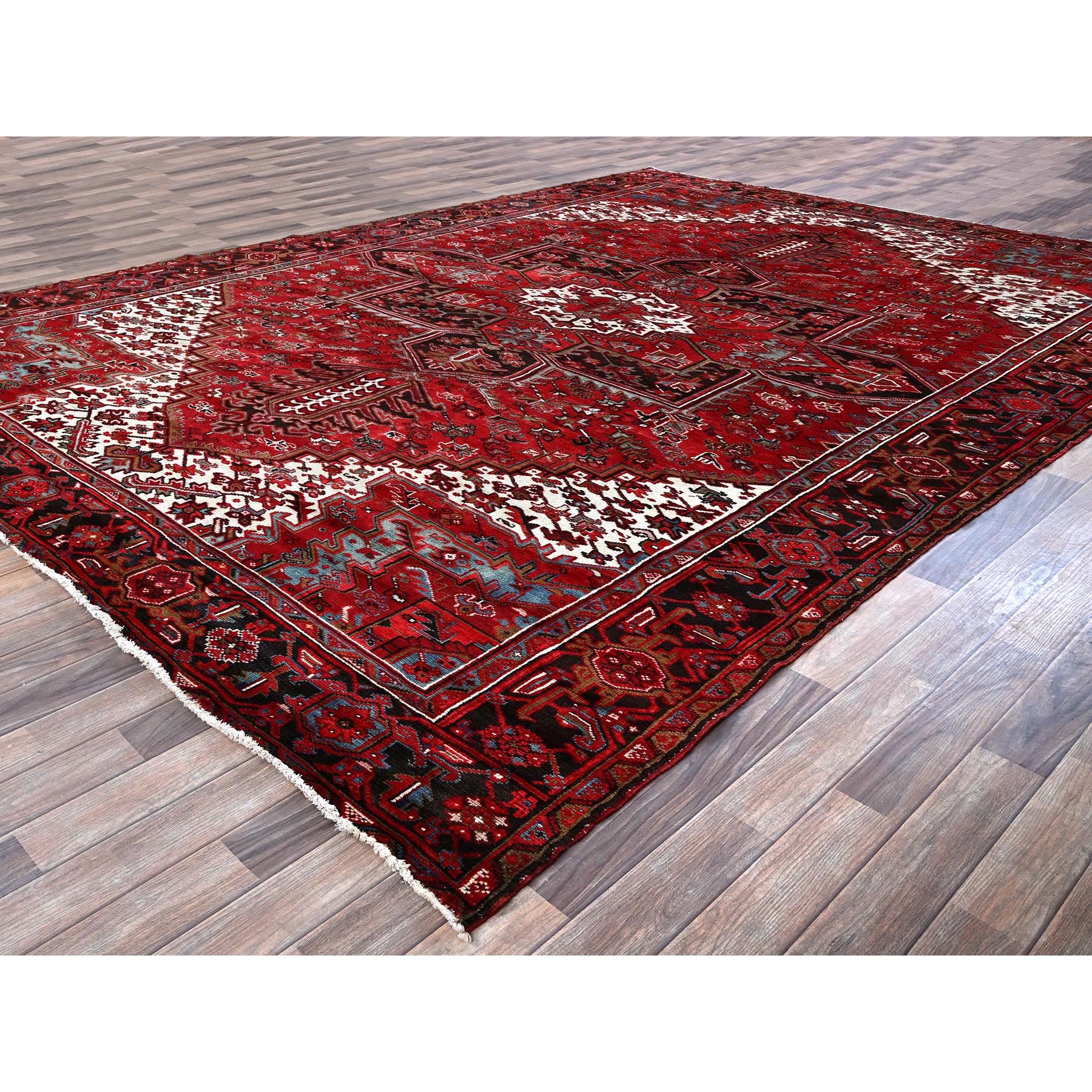 9'6"x12'9" Crimson Red, Vintage Persian Heriz with Geometric Medallion Design, 100% Wool, Hand Knotted, Evenly Worn, Sheared Low, Good Condition, Sides and Ends Professionally Secured, Oriental Rug Sh274