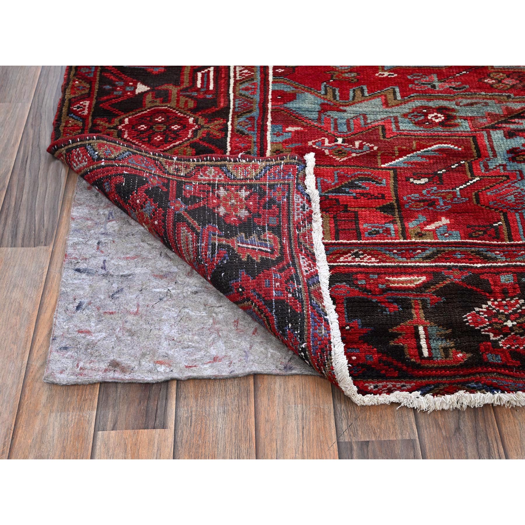 9'6"x12'9" Crimson Red, Vintage Persian Heriz with Geometric Medallion Design, 100% Wool, Hand Knotted, Evenly Worn, Sheared Low, Good Condition, Sides and Ends Professionally Secured, Oriental Rug Sh274