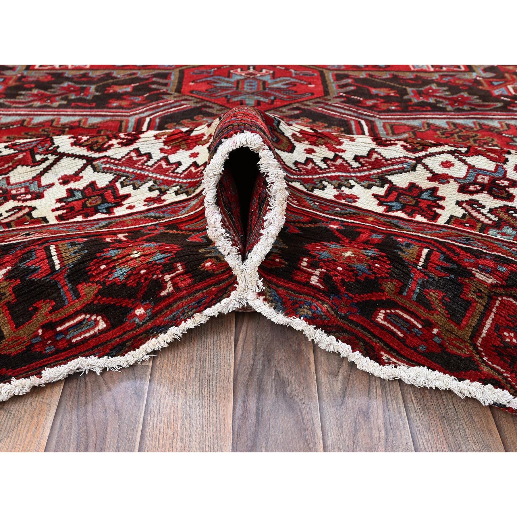9'6"x12'9" Crimson Red, Vintage Persian Heriz with Geometric Medallion Design, 100% Wool, Hand Knotted, Evenly Worn, Sheared Low, Good Condition, Sides and Ends Professionally Secured, Oriental Rug Sh274