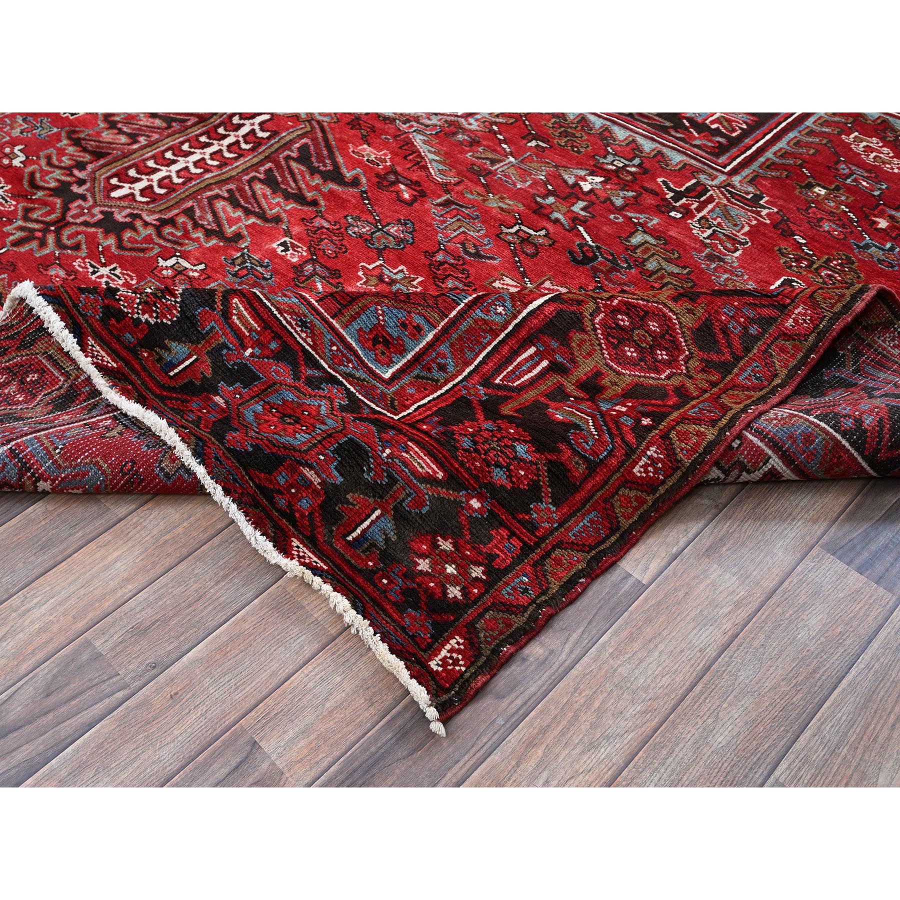 9'6"x12'9" Crimson Red, Vintage Persian Heriz with Geometric Medallion Design, 100% Wool, Hand Knotted, Evenly Worn, Sheared Low, Good Condition, Sides and Ends Professionally Secured, Oriental Rug Sh274