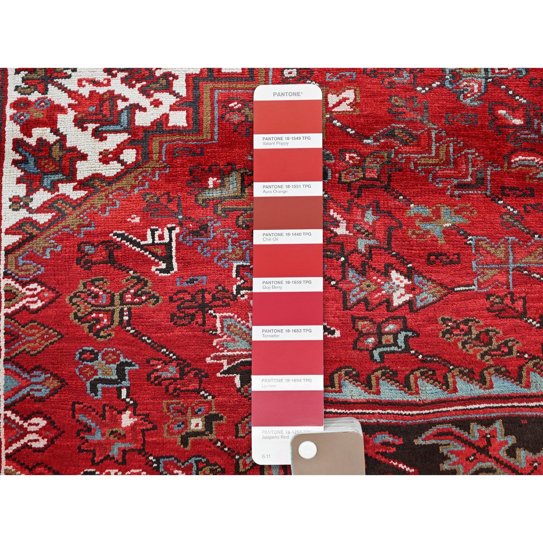 9'6"x12'9" Crimson Red, Vintage Persian Heriz with Geometric Medallion Design, 100% Wool, Hand Knotted, Evenly Worn, Sheared Low, Good Condition, Sides and Ends Professionally Secured, Oriental Rug Sh274
