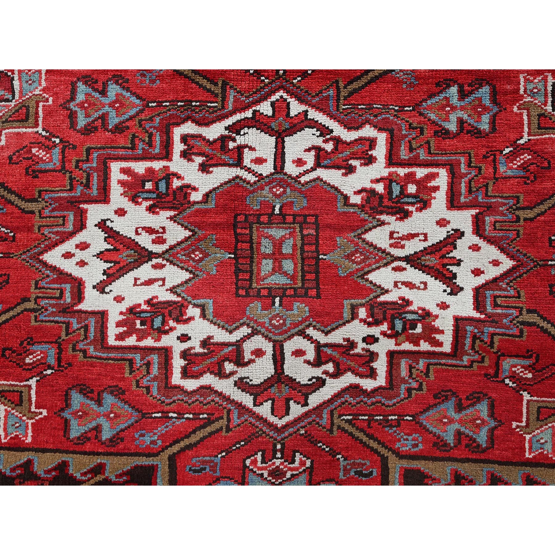 9'6"x12'9" Crimson Red, Vintage Persian Heriz with Geometric Medallion Design, 100% Wool, Hand Knotted, Evenly Worn, Sheared Low, Good Condition, Sides and Ends Professionally Secured, Oriental Rug Sh274