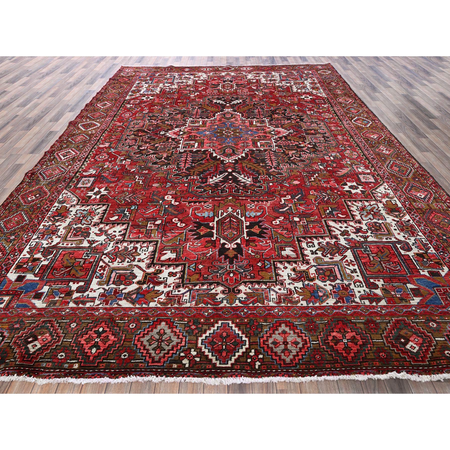 10'x12'4" Ruby Red, Vintage Persian Heriz with Geometric Medallion Design, Worn and Distressed, 100% Wool, Hand Knotted, Even Wear, Cropped Thin, Good Condition, Sides and Ends Professionally Secured, Oriental Rug Sh276
