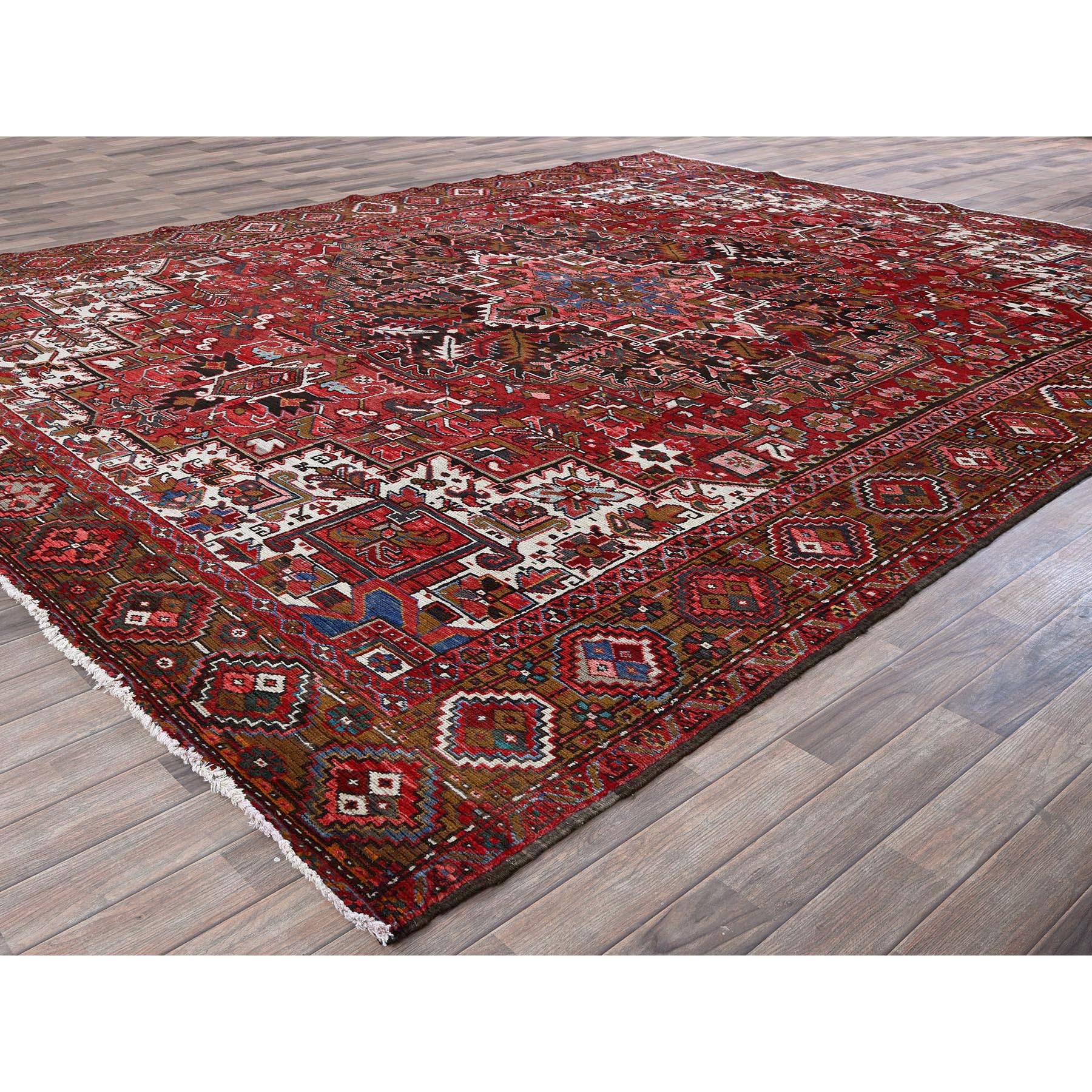 10'x12'4" Ruby Red, Vintage Persian Heriz with Geometric Medallion Design, Worn and Distressed, 100% Wool, Hand Knotted, Even Wear, Cropped Thin, Good Condition, Sides and Ends Professionally Secured, Oriental Rug Sh276