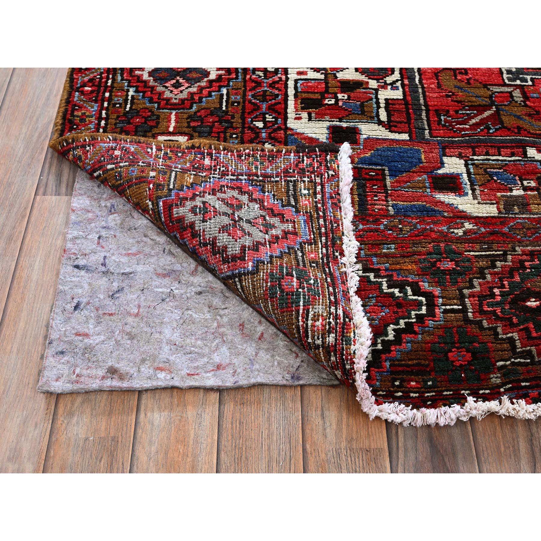 10'x12'4" Ruby Red, Vintage Persian Heriz with Geometric Medallion Design, Worn and Distressed, 100% Wool, Hand Knotted, Even Wear, Cropped Thin, Good Condition, Sides and Ends Professionally Secured, Oriental Rug Sh276