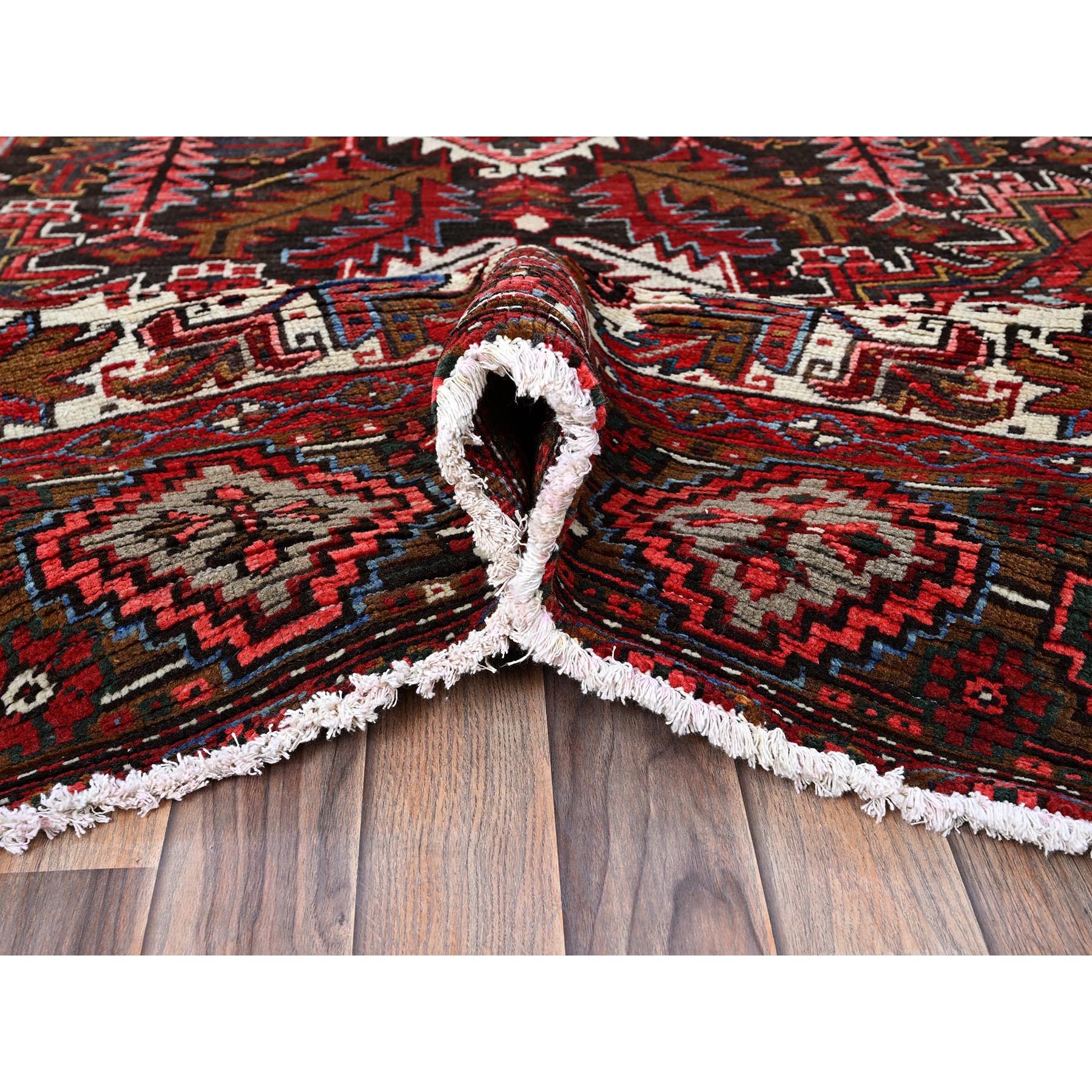 10'x12'4" Ruby Red, Vintage Persian Heriz with Geometric Medallion Design, Worn and Distressed, 100% Wool, Hand Knotted, Even Wear, Cropped Thin, Good Condition, Sides and Ends Professionally Secured, Oriental Rug Sh276