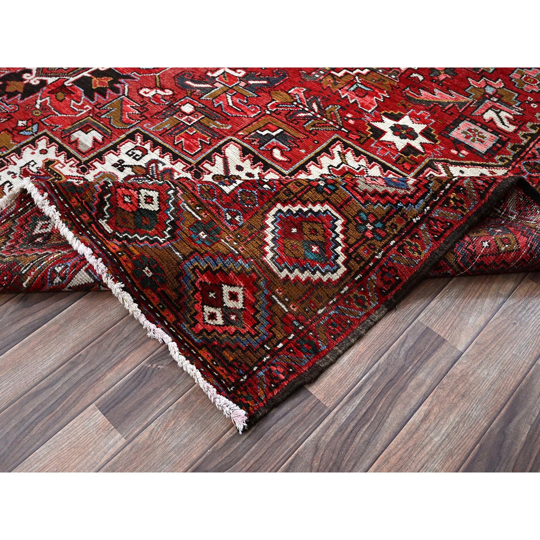 10'x12'4" Ruby Red, Vintage Persian Heriz with Geometric Medallion Design, Worn and Distressed, 100% Wool, Hand Knotted, Even Wear, Cropped Thin, Good Condition, Sides and Ends Professionally Secured, Oriental Rug Sh276