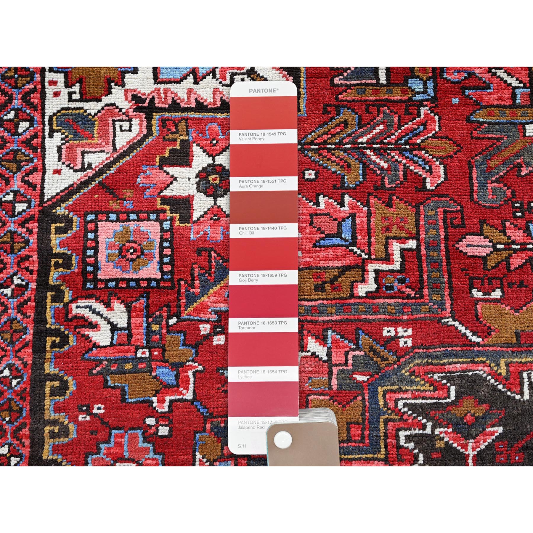 10'x12'4" Ruby Red, Vintage Persian Heriz with Geometric Medallion Design, Worn and Distressed, 100% Wool, Hand Knotted, Even Wear, Cropped Thin, Good Condition, Sides and Ends Professionally Secured, Oriental Rug Sh276