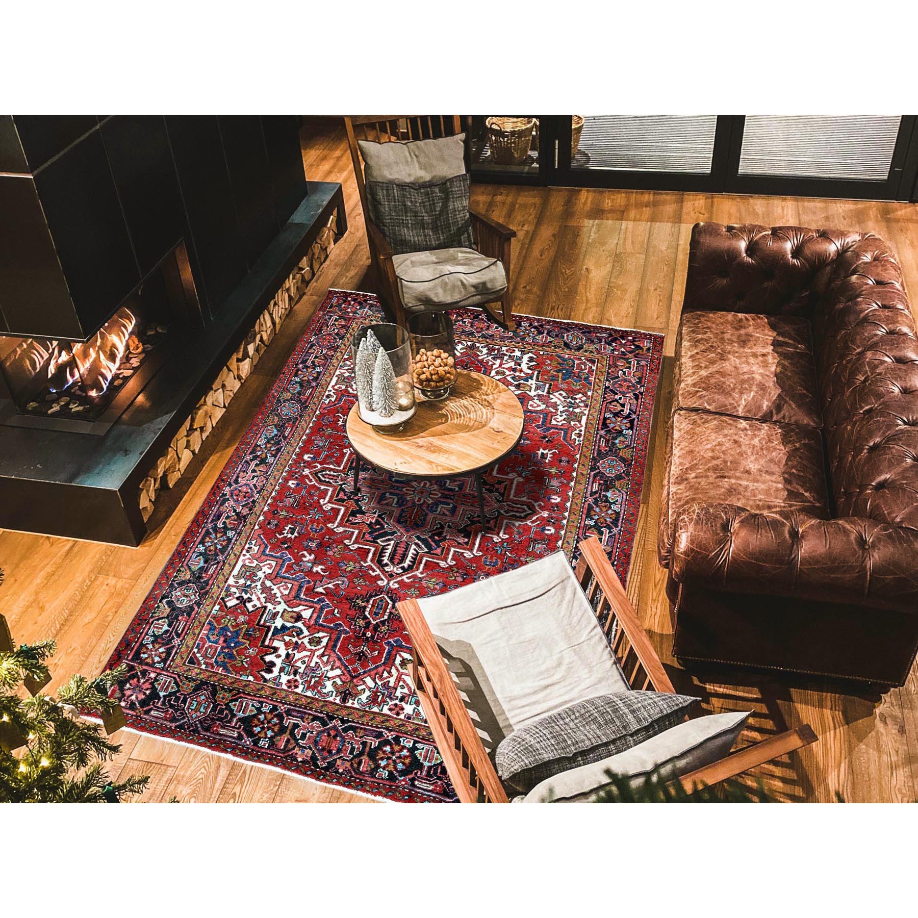 7'x9' Ajax Red, Vintage Persian Heriz with Geometric Medallion Design, 100% Wool, Hand Knotted, Evenly Worn, Cropped Thin, Good Condition, Sides and Ends Professionally Secured, Oriental Rug Sh278