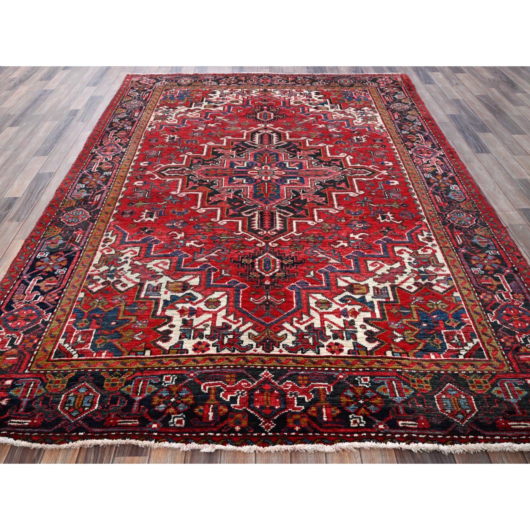 7'x9' Ajax Red, Vintage Persian Heriz with Geometric Medallion Design, 100% Wool, Hand Knotted, Evenly Worn, Cropped Thin, Good Condition, Sides and Ends Professionally Secured, Oriental Rug Sh278